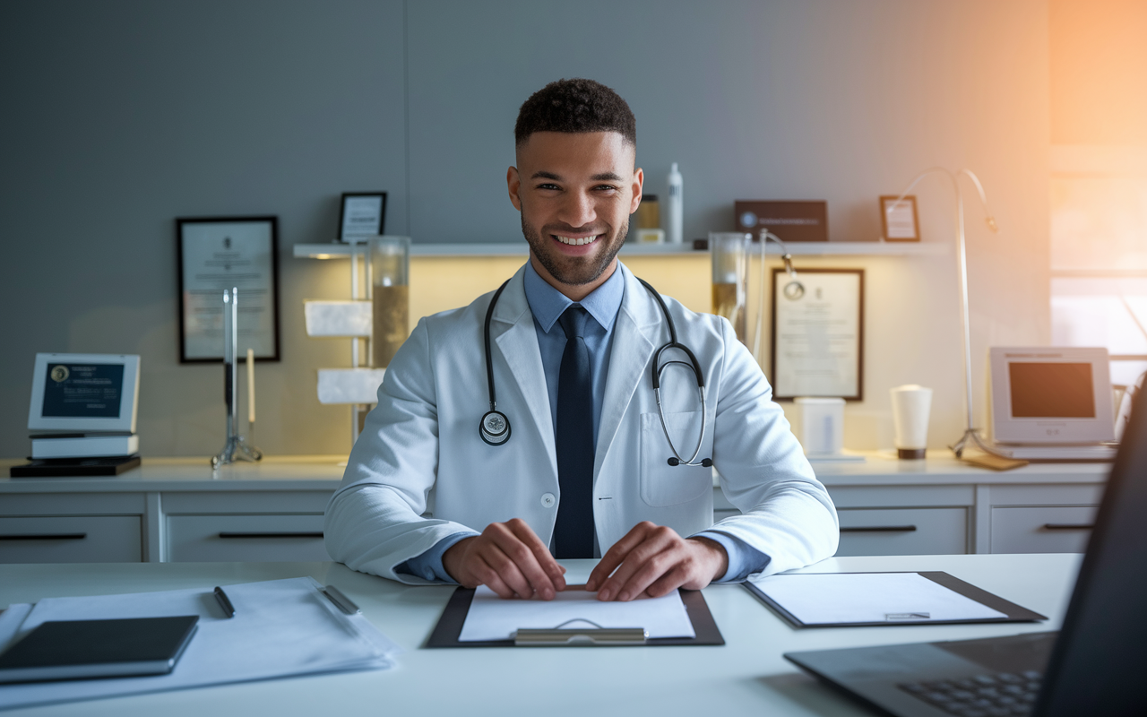 A motivational scene of a young doctor in a pristine medical lab, confidently preparing for an interview. The room is modern, showcasing medical equipment and documents related to their specialty. The lighting is warm and optimistic, casting a glow on the doctor, emphasizing their readiness and ambition. The background carries subtle hints of professionalism, like framed degrees and certificates, reflecting a future filled with promise.