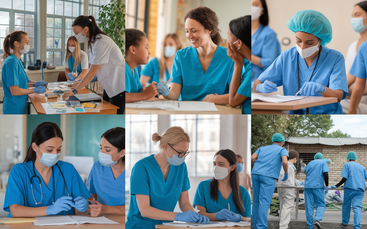 A collage showcasing various types of volunteer work in healthcare: one panel shows a volunteer organizing a health education workshop in a community center, another shows a volunteer mentoring young students in a classroom, a third shows a group of volunteers providing medical assistance during a disaster relief effort. Each panel displays vibrant interactions, compassionate expressions, and community engagement, emphasizing the diversity of healthcare volunteering experiences.