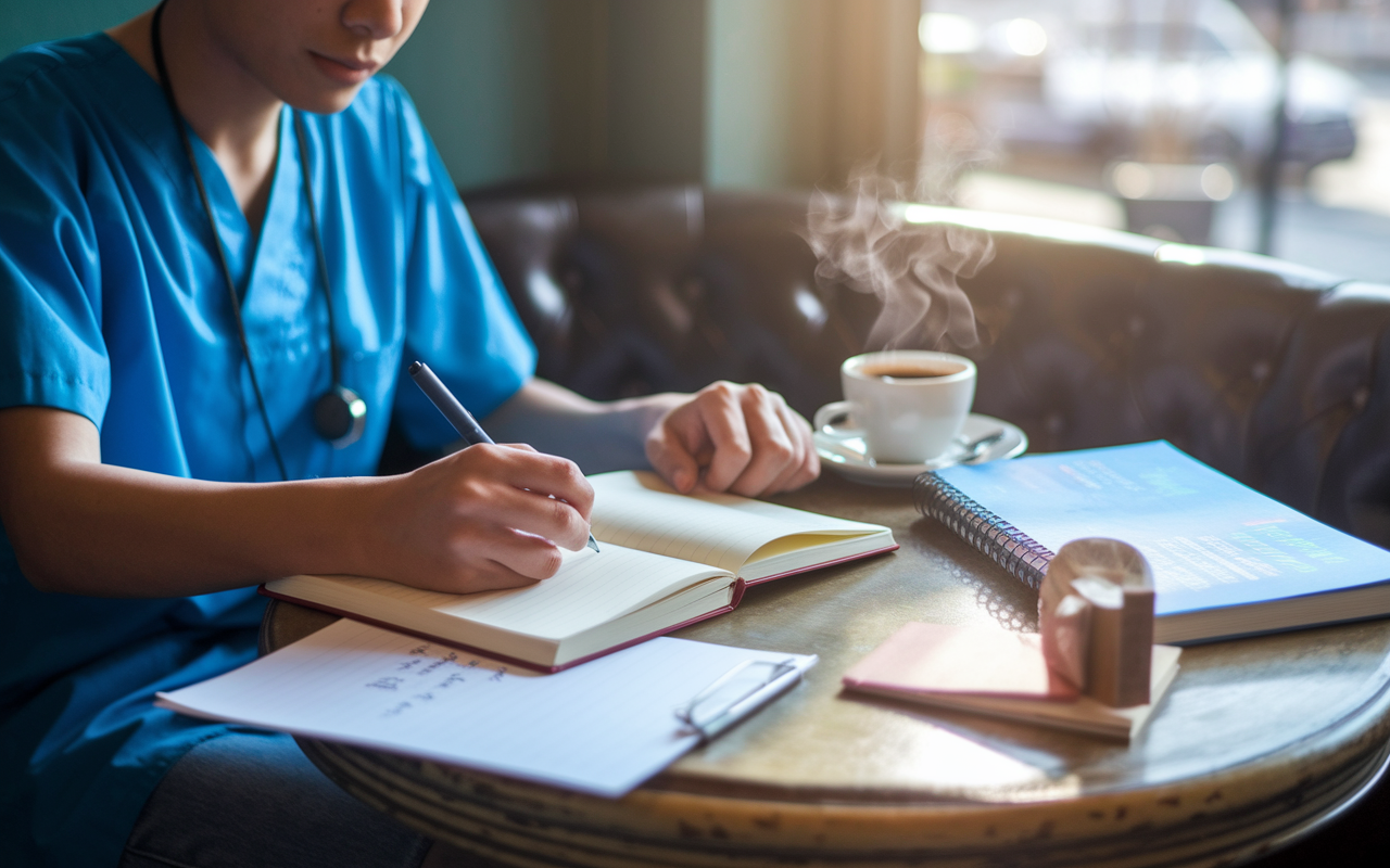 A close-up of a young volunteer sitting at a cozy corner cafe, writing in a journal with a thoughtful expression. The table is scattered with notes and textbooks on healthcare topics, with a warm cup of coffee steaming beside them. Sunlight filters through a window, creating a peaceful ambiance, signifying the importance of reflection after a day of volunteer work.