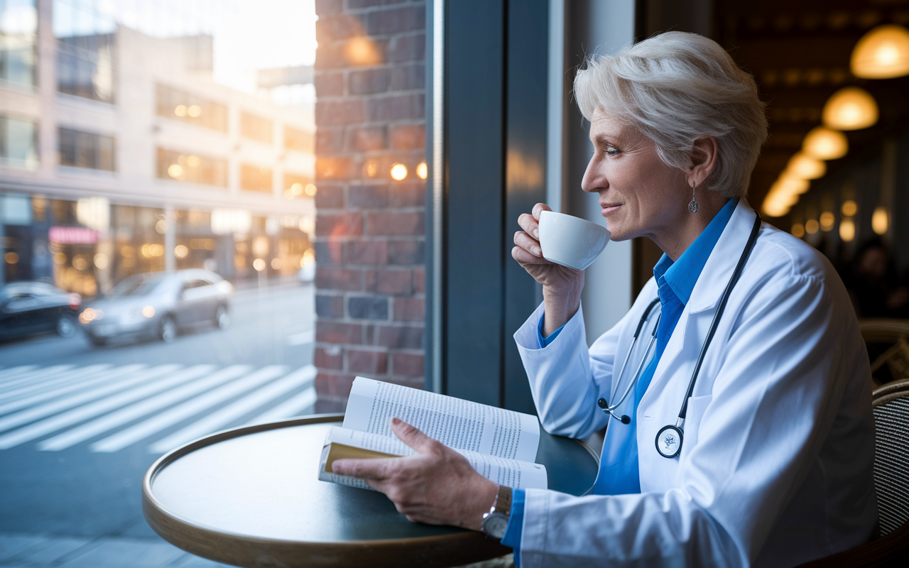 A thoughtful late-career medical student sitting at a café, reflecting on their journey. The scene captures a blend of solitude and hope, showcasing the student looking at a medical textbook and sipping coffee. Outside the window, vibrant city life contrasts with their focused interior world. The lighting is soft and warm, emphasizing an introspective atmosphere.