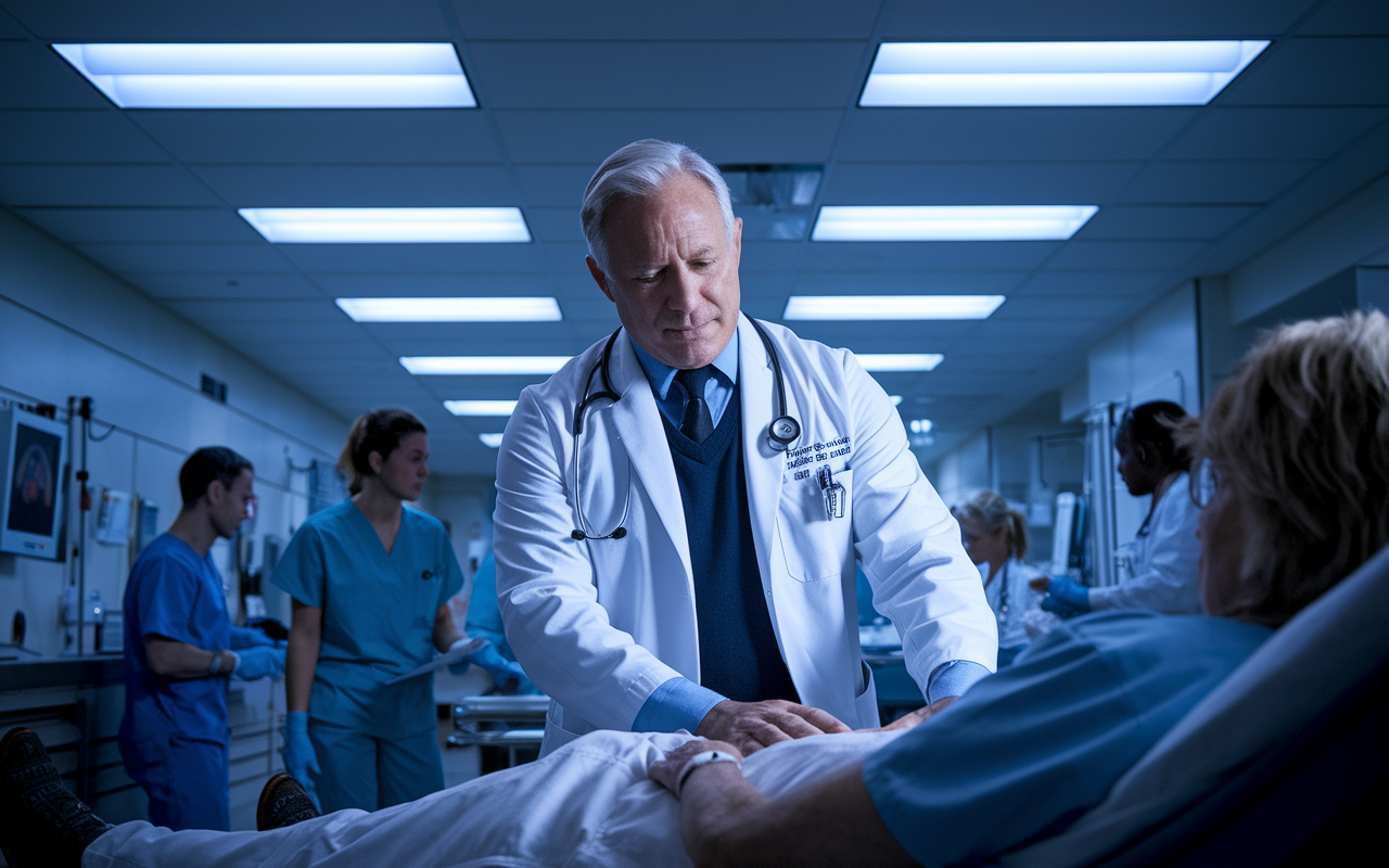 A late-career physician calmly managing a high-pressure situation in an emergency room. The physician, visibly composed, engages with a patient while medical staff works efficiently in the background. Bright fluorescent lights illuminate the scene, reflecting the chaotic but focused atmosphere of the ER. Shadows and highlights create a dynamic contrast, illustrating the intensity of the moment.