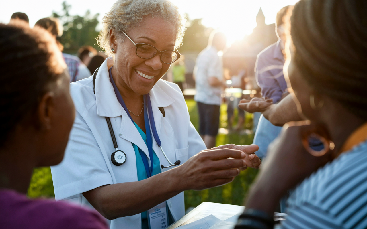 A determined late-career medical student participating in a community health initiative, interacting with patients in a lively outdoor setting. The sun sets in the background, casting a golden hue over the scene, highlighting the student's passion and commitment. Vibrant colors and an overall feeling of community and connection are palpable in the image.