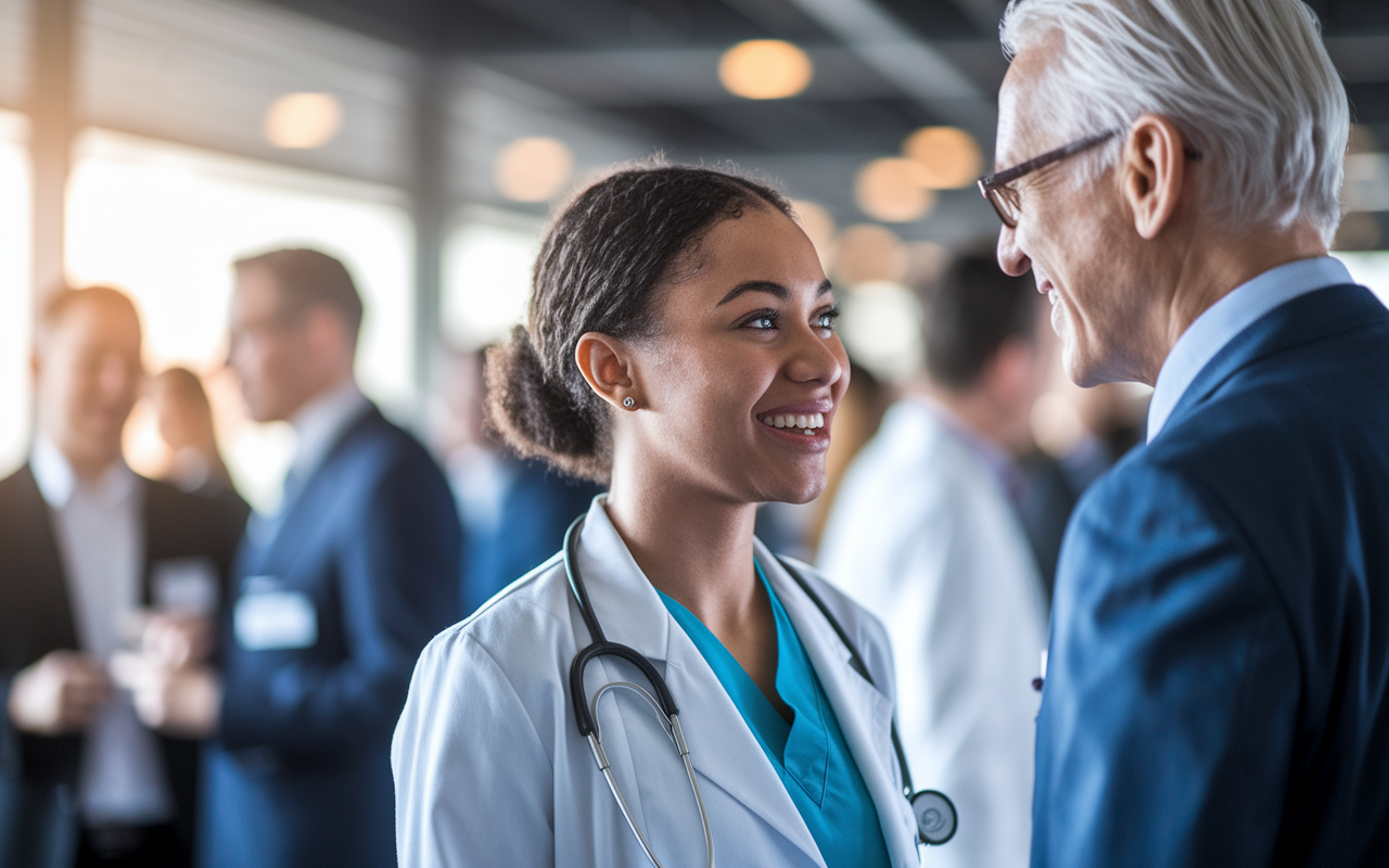 A close-up view of a young medical resident standing beside an influential healthcare leader at a networking event, engaging in a deep conversation. The background slightly blurred, with other professionals engaging in discussions, creating a sense of a collaborative atmosphere. Warm light highlights their enthusiastic expressions, illustrating a moment of connection and shared knowledge.