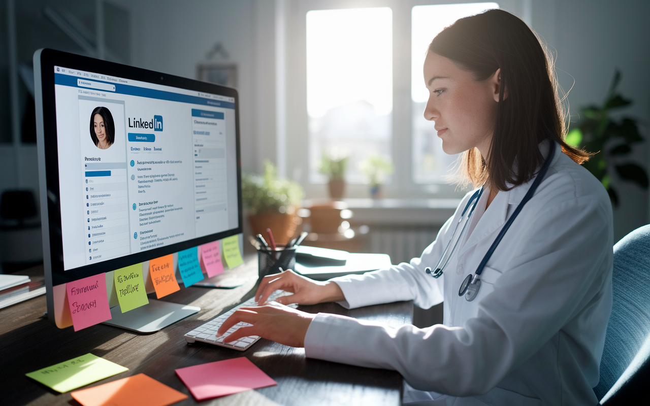 A focused young medical resident sitting at a desk in a cozy home office, meticulously creating a detailed LinkedIn profile. The computer screen shows various sections being filled, alongside colorful sticky notes with networking strategies. The late afternoon sunlight streams through a nearby window, creating a warm, productive atmosphere.