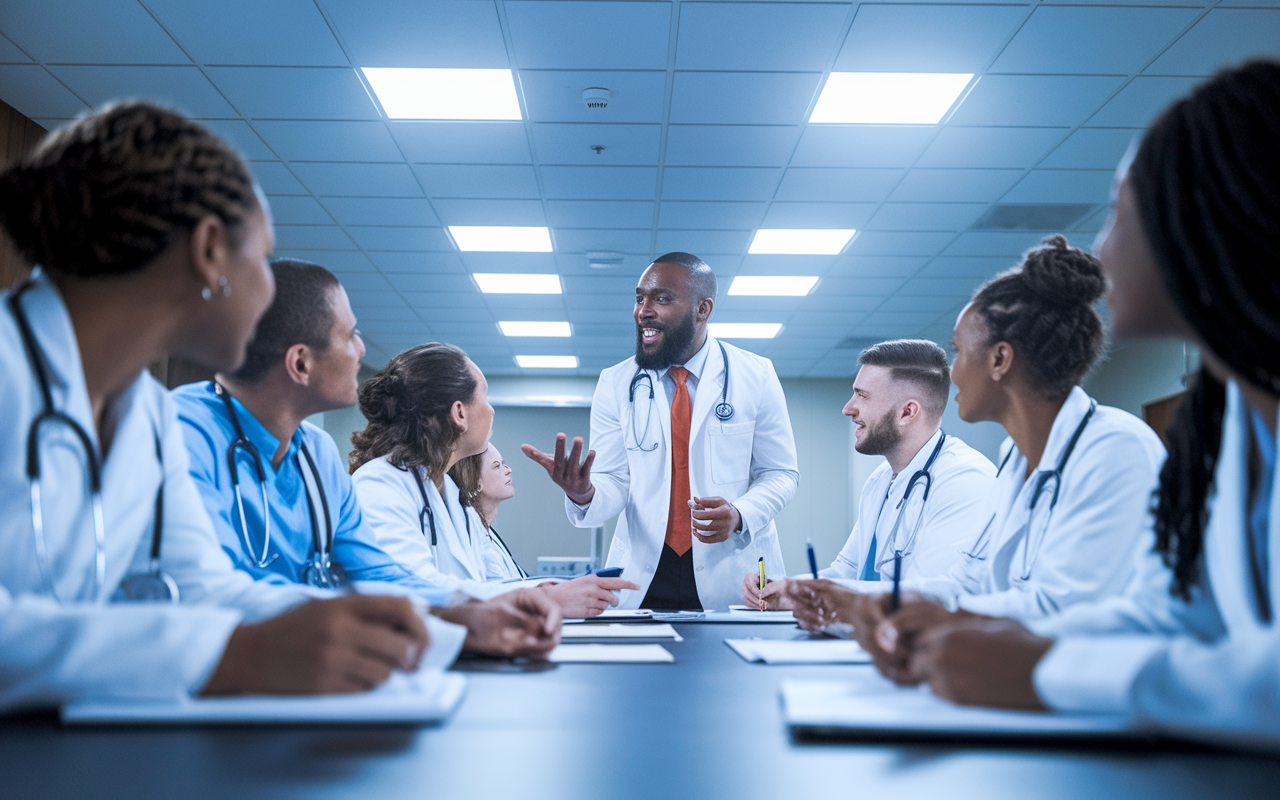 A vibrant scene of a diverse group of medical residents actively engaged in a committee meeting within a hospital setting. A resident passionately presents a proposal at the front, while others listen intently, making notes. Bright overhead lights illuminate the room, creating a sense of urgency and collaboration, showcasing the initiative taken by young professionals.