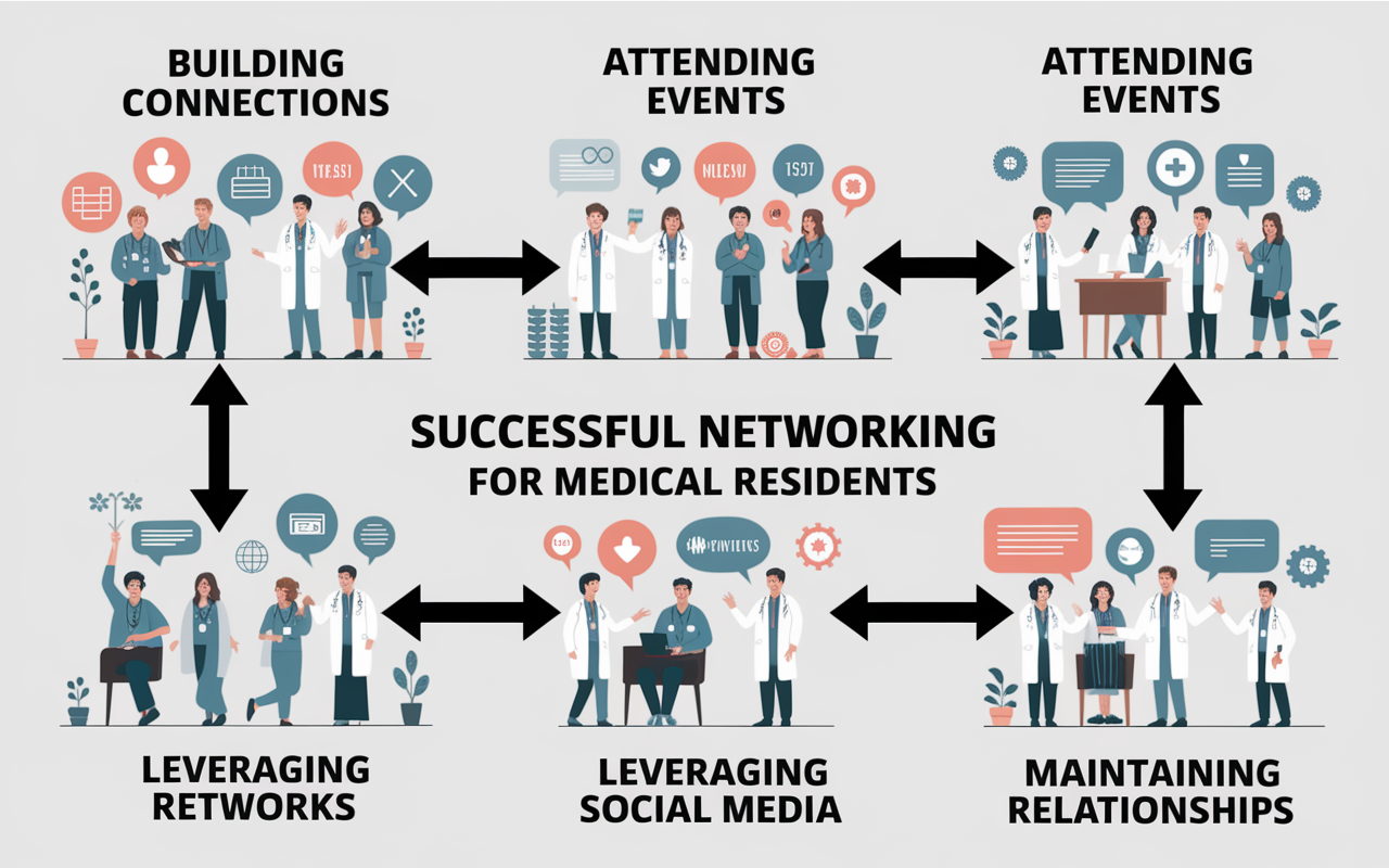 An illustrated flowchart depicting the various aspects of successful networking for medical residents: building connections, attending events, leveraging social media, and maintaining relationships. Each section is visually distinct with icons representing conferences, social networks, and mentorships. The design is colorful and engaging, conveying a sense of strategic planning and enthusiasm for networking.