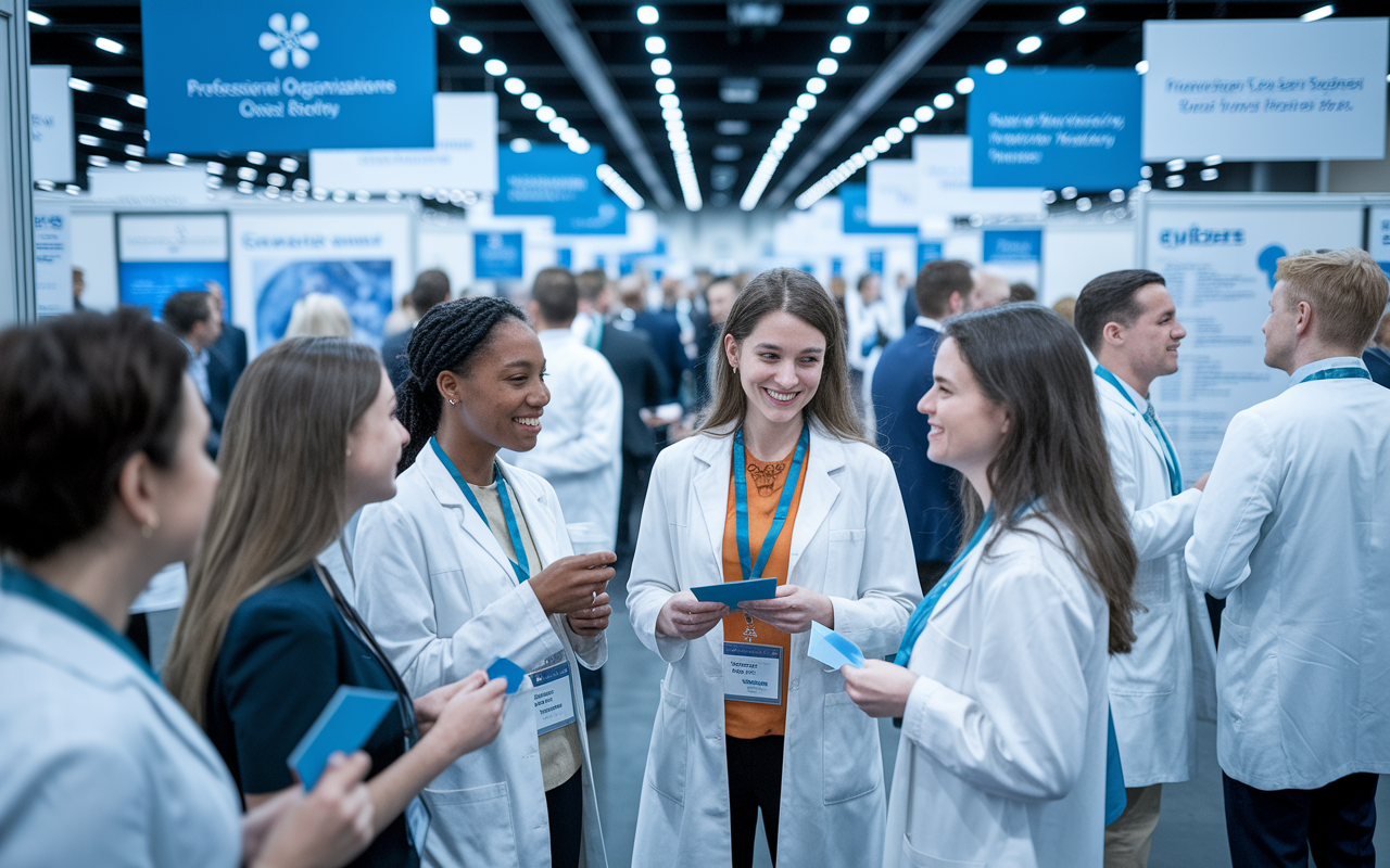 A group of diverse, young physicians interacting warmly at a healthcare conference. They're engaged in conversation, exchanging business cards, surrounded by banners of professional organizations, and medical posters. The exhibition hall is brightly lit, bustling with activity, symbolizing opportunities and connections. The atmosphere is lively and professional, adding a sense of excitement to their networking.