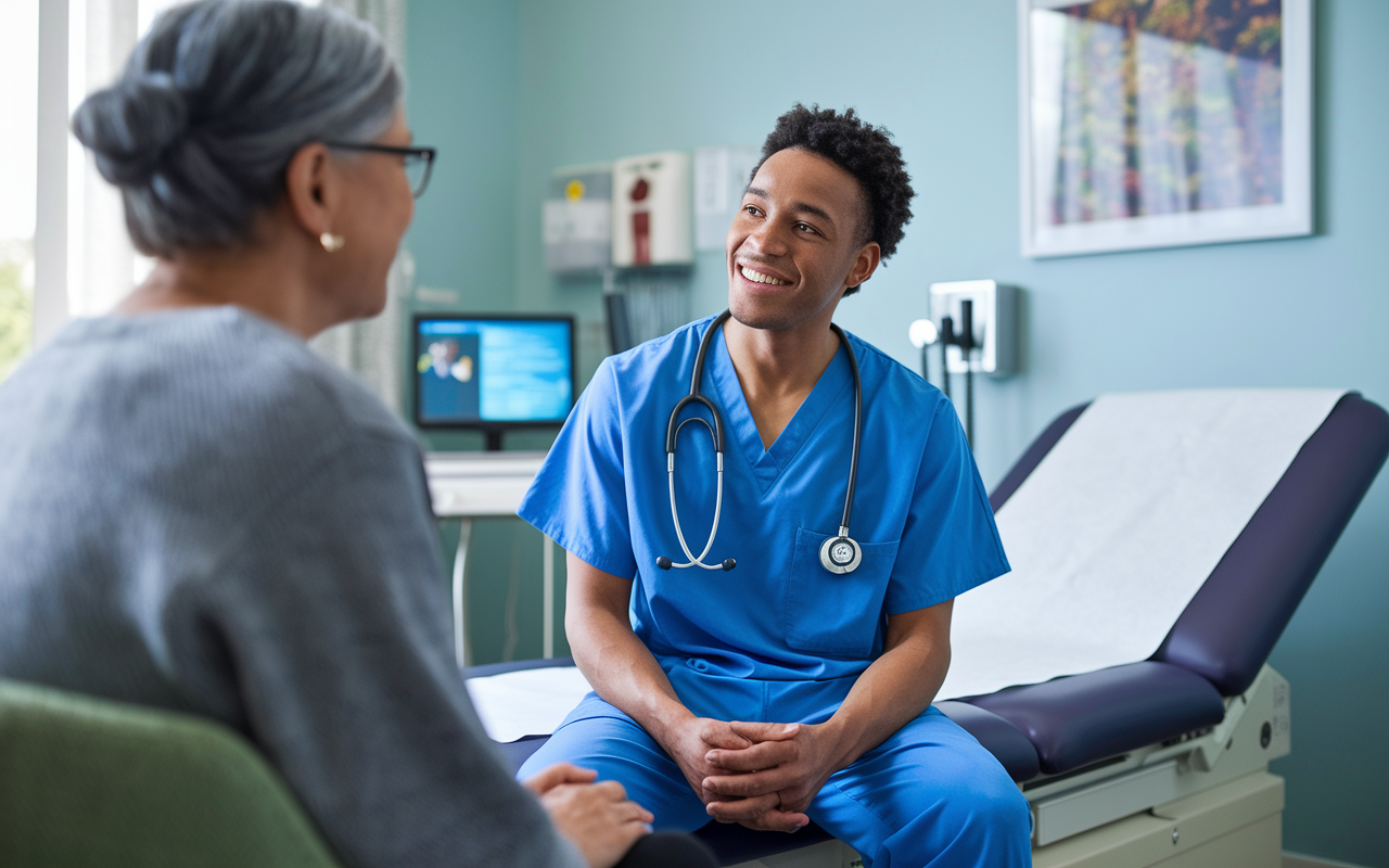 A compassionate young physician in scrubs, sitting with a patient in a comfortable examination room. They maintain eye contact and listen attentively as the patient speaks, with visible warmth and empathy in their expressions. The room is well-lit, adorned with calming artwork and medical equipment; the scene radiates a sense of trust and connection, highlighting the importance of interpersonal skills.