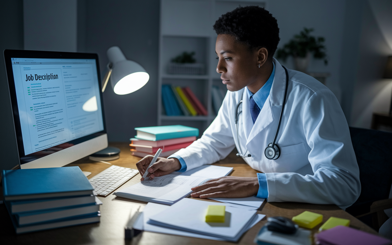 A young physician at a desk, surrounded by medical books and a computer, deeply focused on reading a job description on the screen. They have notes and highlighters ready for marking important qualifications. The room has a scholarly ambiance with a soft desk lamp illuminating their determined expression, evoking dedication and attention to detail in the job application process.