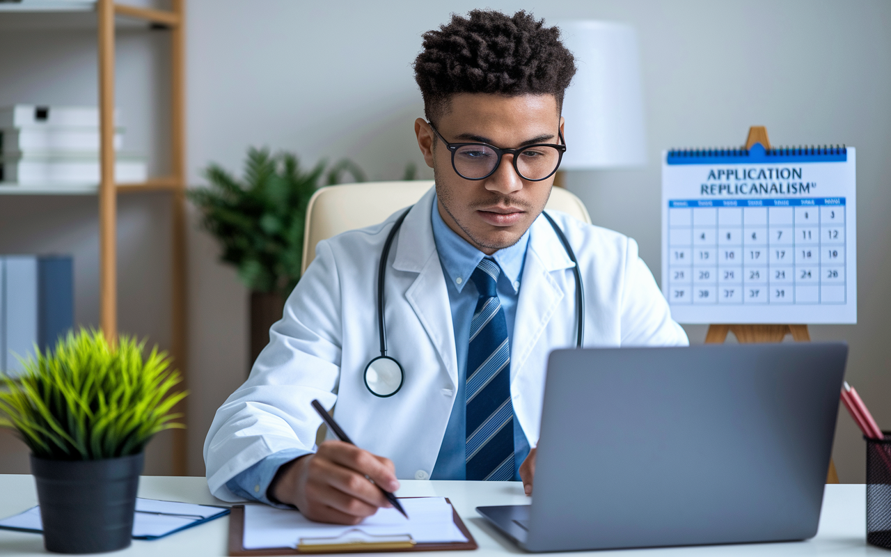 A professional young physician sitting at a desk, drafting a follow-up email on their laptop. The expression is one of anticipation and professionalism, with a calendar marked for application reminders in the background. The room is tastefully decorated, blending a professional and personal touch, conveying diligence in the job application process.