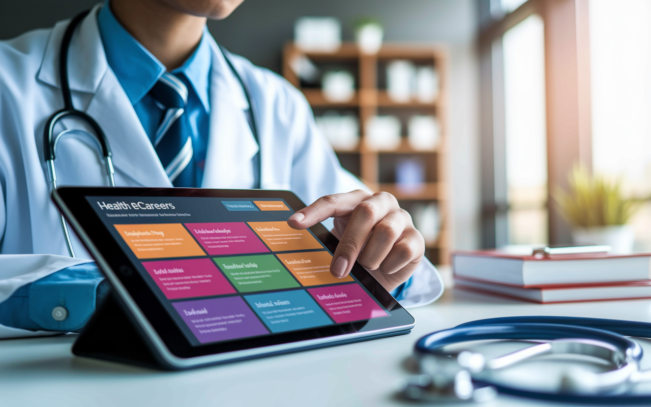 A physician in professional attire, intently browsing the Health eCareers website on a touchscreen tablet in a modern office setting. The tablet displays vibrant job listings categorized by medical specialty, with colorful interactive elements emphasizing career resources. The background features a well-organized workspace with medical books and a stethoscope, and warm, natural light filters through the window, creating a focused and hopeful atmosphere.