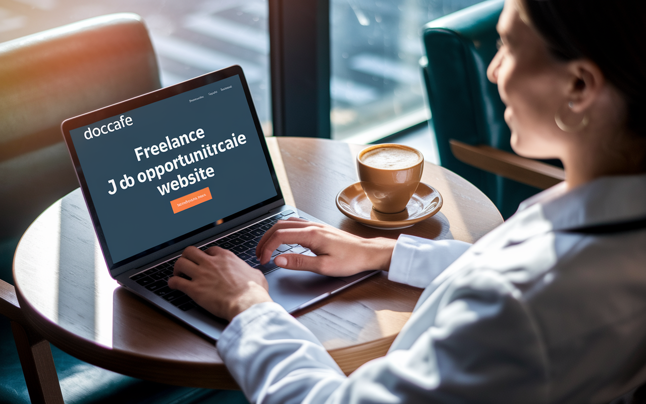 A physician relaxing at a cozy café, using a laptop to scroll through freelance job opportunities on the DocCafe website. The scene conveys a sense of freedom and flexibility, with an inviting coffee cup in hand and a relaxed demeanor. Sunlight shines through the café window, casting warm hues and highlighting the combination of work-life balance and professional exploration.