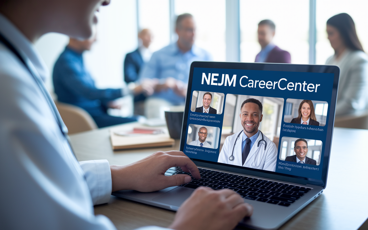 An academic physician actively participating in a virtual networking event on a laptop, showcasing the NEJM CareerCenter interface. Displayed on the screen are curated job listings for prestigious institutions, alongside images of other attendees engaging in professional discussions. The atmosphere in the room is professional yet inviting, with bright lighting and a sense of collaboration evident.