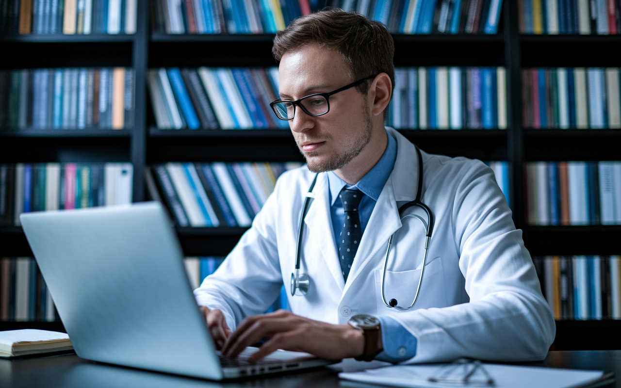 A focused physician in formal attire, sitting in front of a laptop, updating their LinkedIn profile with engaging content and visuals reflecting their education and achievements. The background features a bookshelf filled with medical literature, contributing to a scholarly atmosphere. Soft, ambient lighting creates a professional yet personal feel, emphasizing the importance of online presence in job searching.