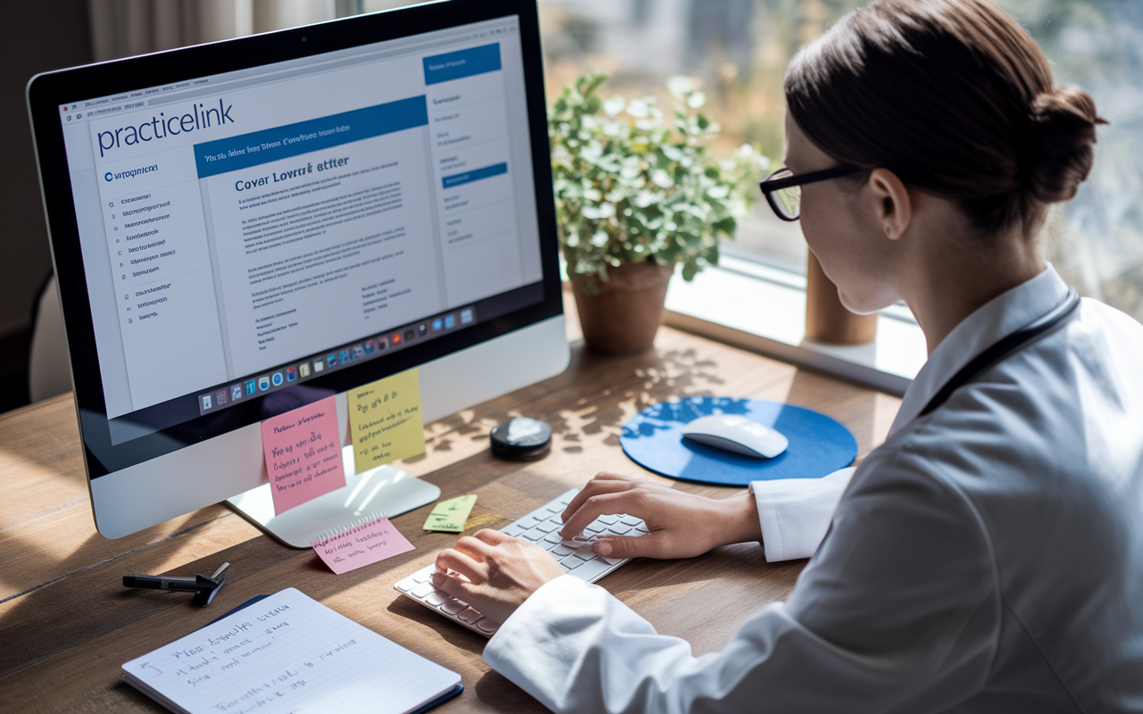 A graduate physician focused on creating a CV and cover letter on their personal computer, using the PracticeLink website. The screen displays helpful resume tips and customizable templates. Nearby, a notepad with handwritten notes indicates their dedication to tailoring their application. Natural light floods the workspace, giving it an inspiring and hopeful aura as they prepare for their future.