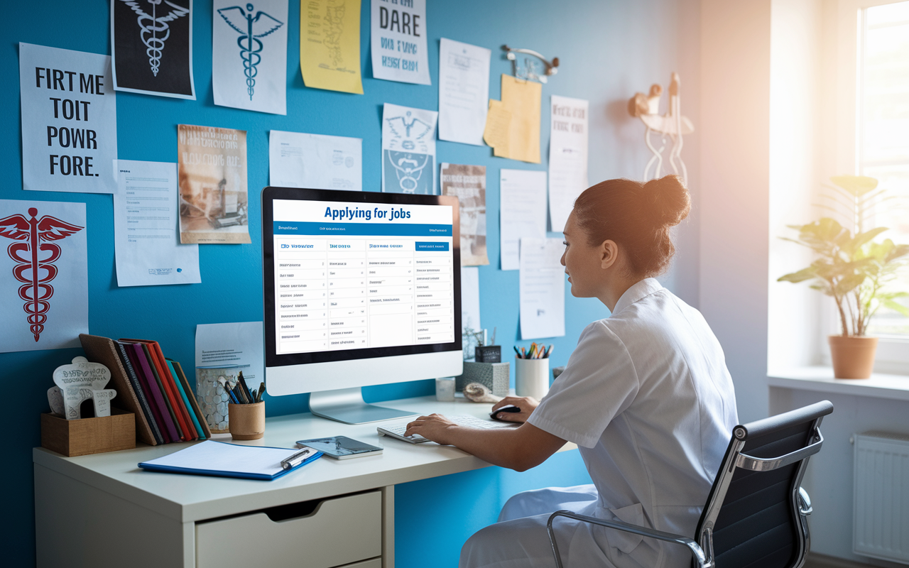 A physician sitting comfortably at a desk, click applying for jobs on PhysicianJobBoard, with a series of applications opened on the computer screen. The room is filled with motivational posters and medical artifacts, creating an encouraging environment. Bright light shines through the window, suggesting a time of optimism and opportunity as they navigate their job search.