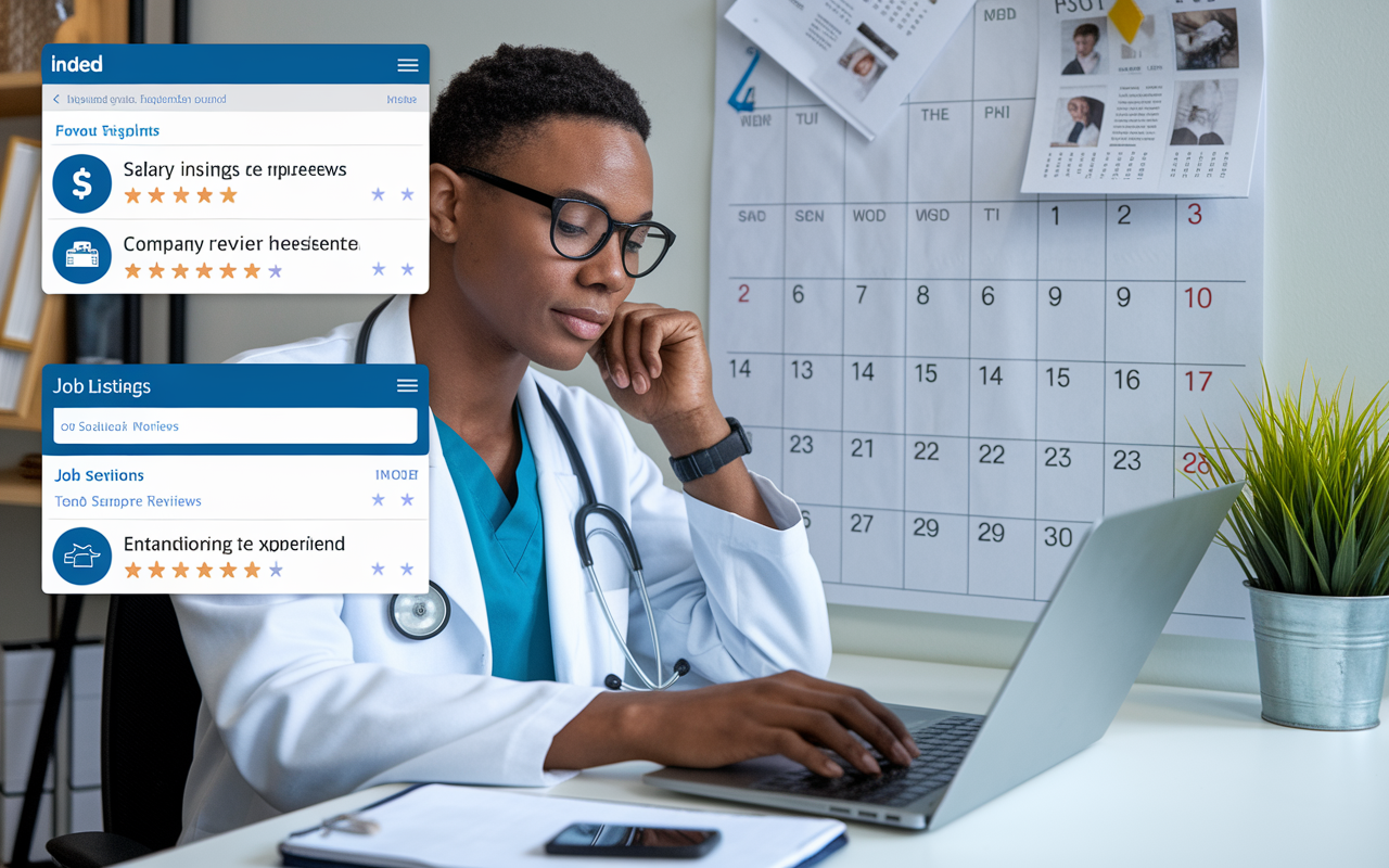 A dedicated physician seated in a bright and organized workspace, intently browsing job listings on Indeed. Various tabs display salary insights and company reviews, enhancing the job search experience. A wall calendar filled with deadlines and goals represents the urgency and ambition of transitioning to a new position. The composition captures a blend of focus and determination in the job exploration journey.