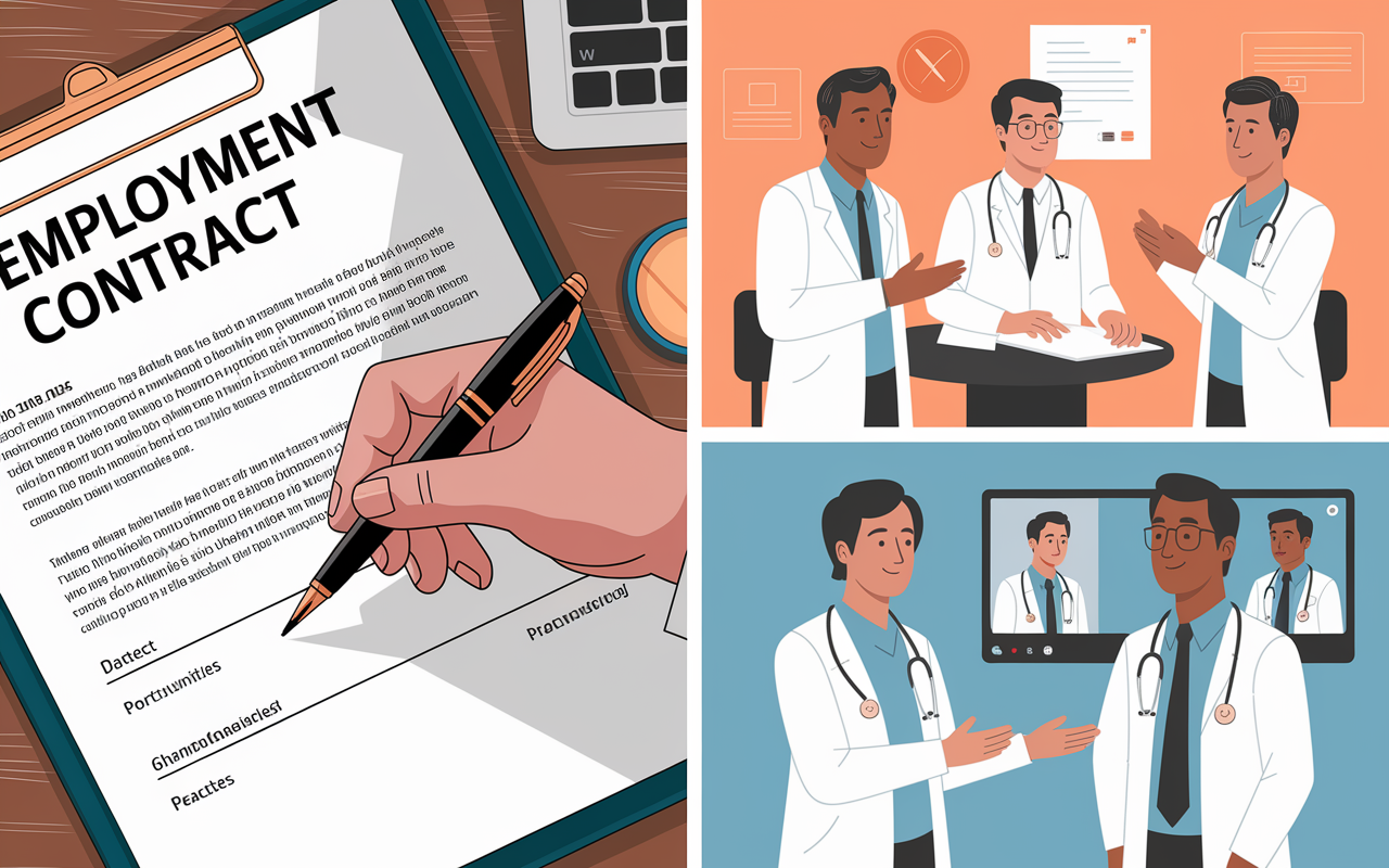 A visual collage illustrating various job offers in the medical field. On the left, a close-up of an employment contract displayed on a desk, with a pen poised for signing. In the center, a doctor discussing partnership opportunities with colleagues in a private practice office, showcasing teamwork and camaraderie. To the right, a scene of two doctors engaged in a video call, representing the telemedicine opportunities available. Soft, warm lighting captures the professional yet inviting atmosphere of these medical settings.