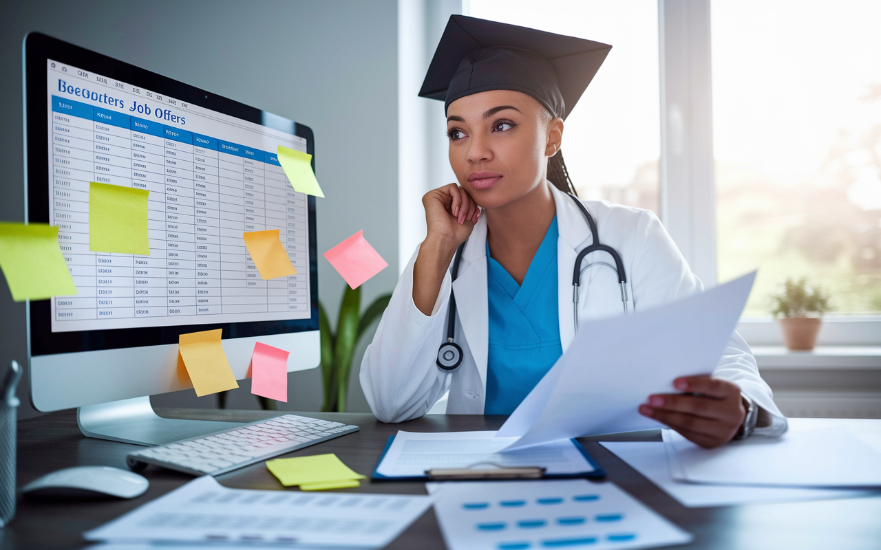 An engaging and informative scene depicting a newly graduated doctor at a desk, surrounded by documents and a computer screen displaying a spreadsheet of various job offers. The doctor, looking focused and contemplative, is reviewing the job components such as salary, benefits, and work-life balance. The room has bright lighting, reflecting a feeling of determination and clarity. Sticky notes with reminders are scattered about, adding a sense of personal organization and preparation for the important decision ahead.