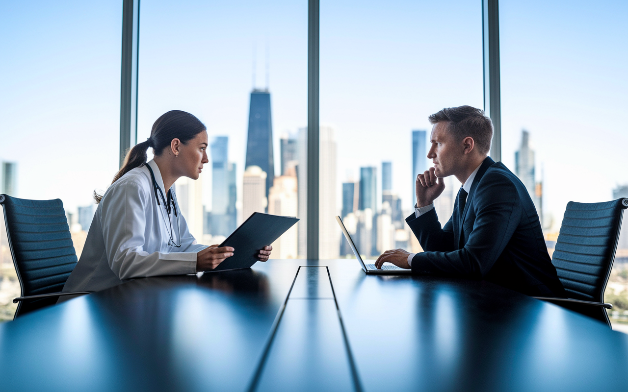 An intense yet professional negotiation scene between a newly graduated doctor and an employer across a sleek conference table. The doctor displays a confident demeanor, holding a folder that outlines their expectations, while the employer sits thoughtfully with a laptop open, ready to discuss terms. The room is brightly lit through large windows, showcasing a view of the city skyline, enhancing the atmosphere of urgency and determination as both parties engage in meaningful dialogue.