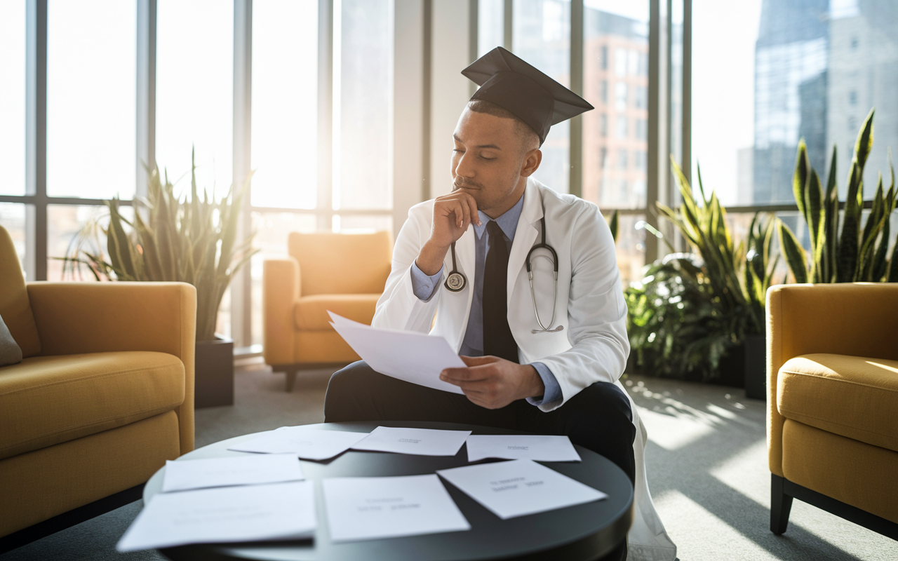 A reflective scene of a newly graduated doctor, sitting in a cozy lounge area with bright natural light pouring in through large windows. The doctor is surrounded by a few job offer letters, with a thoughtful expression, considering the various options before them. A warm, inviting environment features comfortable chairs and plants, symbolizing growth and opportunity as they contemplate their future pathway in medicine.