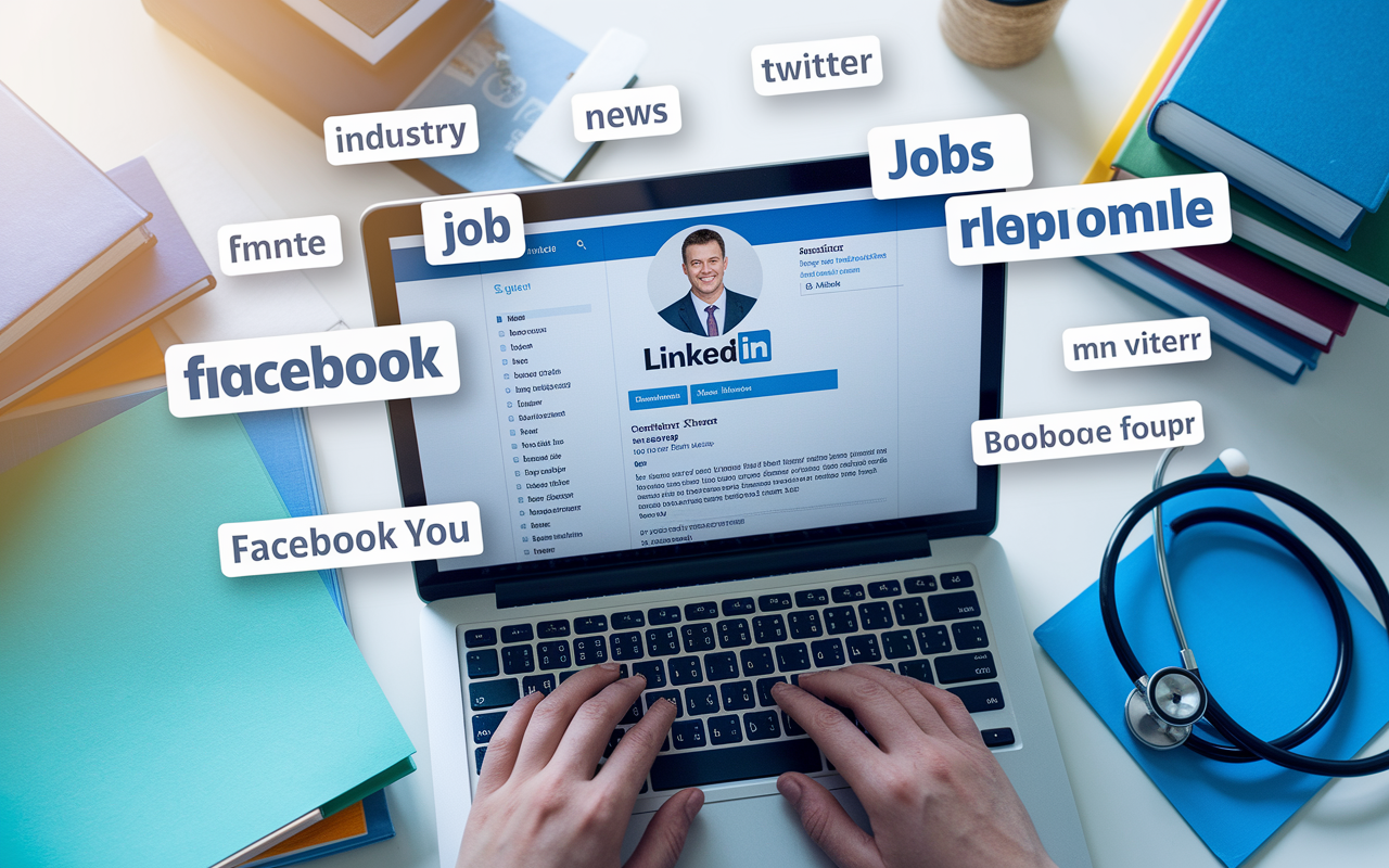 An overhead view of a laptop screen displaying a LinkedIn profile of a physician with a professional photo and detailed resume. Around it, various snippets of industry news, job postings from Twitter, and Facebook groups are visible, creating a dynamic representation of the digital job search landscape. The scene is brightly lit, emphasizing the importance of a polished online presence, with a backdrop of medical books and a stethoscope, symbolizing the medical profession.