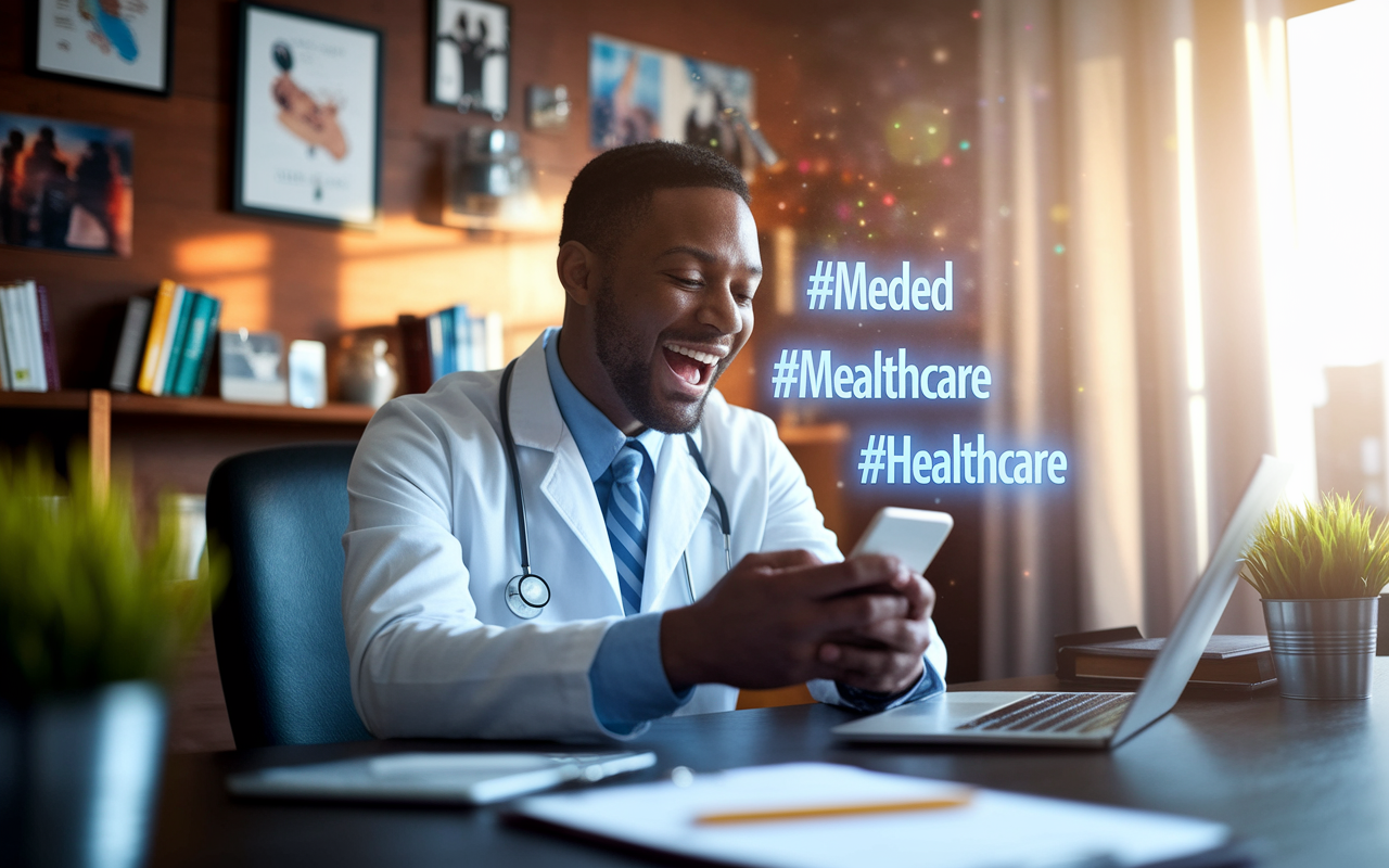 A physician sitting at a desk, using a smartphone to tweet, with the screen showing hashtags like #MedEd and #Healthcare. The room is decorated with medical memorabilia and textbooks, illuminated by warm natural light streaming in from a window. The physician has an excited expression, suggesting active engagement in a vibrant online discussion. The scene captures the dynamic nature of social media interactions in the medical field.