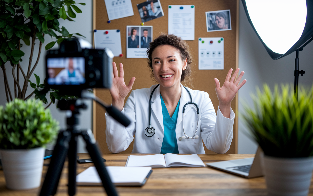 A physician in a cozy home office, recording a vlog about their medical experiences, surrounded by plants and books. Soft lighting creates a warm ambiance, and a camera is set up on a tripod recording the session. The physician is lively and engaged, conveying confidence and passion. Behind them, a bulletin board displays achievements, medical articles, and notes, illustrating their commitment to sharing knowledge and building a personal brand.