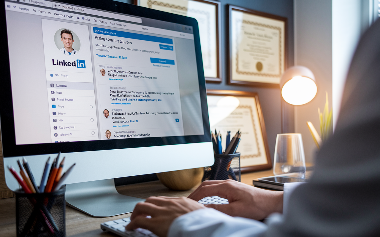 A close-up of a computer screen displaying a LinkedIn profile with several connection requests and messages, along with a background of a physician typing a follow-up message. The workspace is neat and professional, adorned with medical certificates and awards reflecting the physician's achievements. Warm, focused lighting highlights the importance of personal connections and professional growth in the healthcare industry.