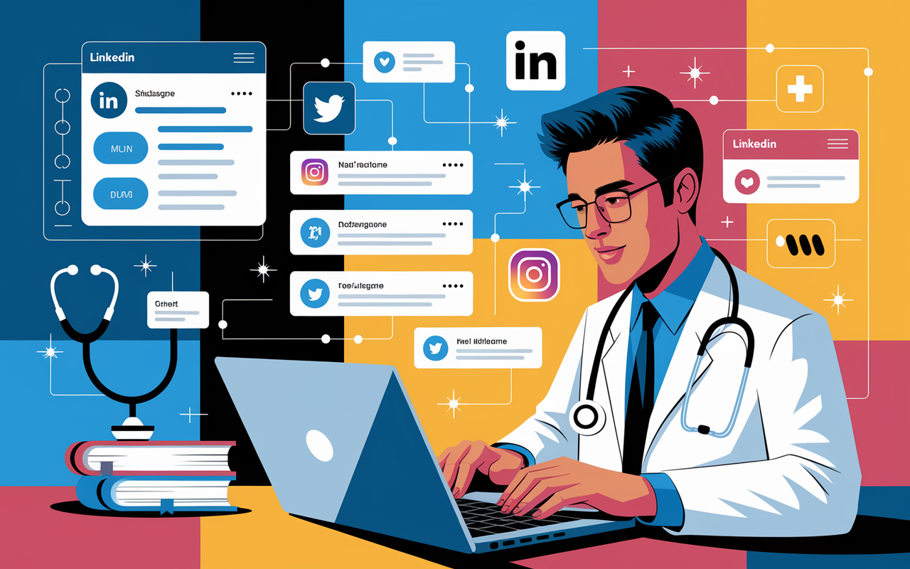 A digital montage illustrating various social media platforms like LinkedIn, Twitter, and Instagram with healthcare-related graphics and job postings. Central to the image is a focused physician using a laptop, with a glowing screen showing multiple notifications from networking and job opportunities. Bright, vibrant colors convey optimism and potential, while symbols of healthcare, such as a stethoscope and medical books, enhance the theme of a successful job search in medicine.