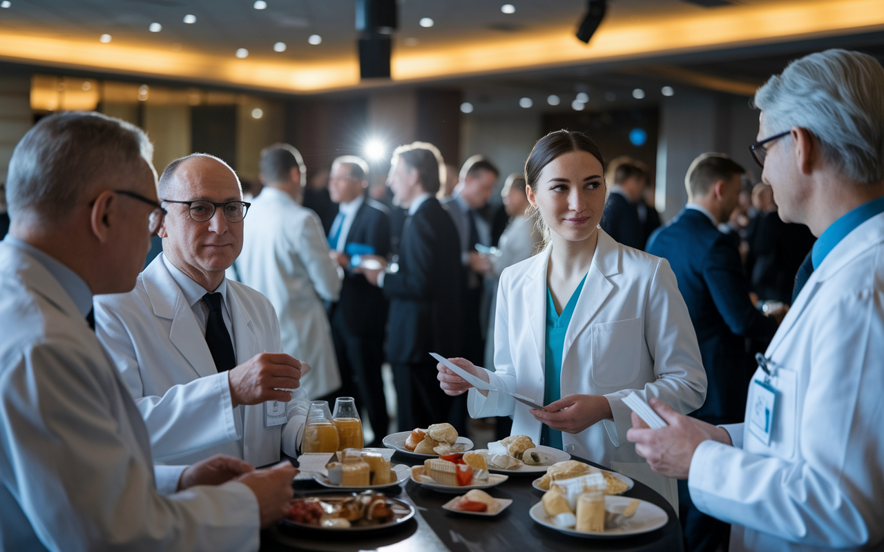 An elegant formal networking event for medical professionals, set in a spacious conference hall. Doctors and medical graduates are engaged in deep conversation over refreshments, exchanging business cards. Dr. Jane, a young female physician with a confident demeanor, is being introduced to a senior clinician. The lighting is warm and inviting, with soft spotlights highlighting conversations, creating a sense of camaraderie and opportunity.