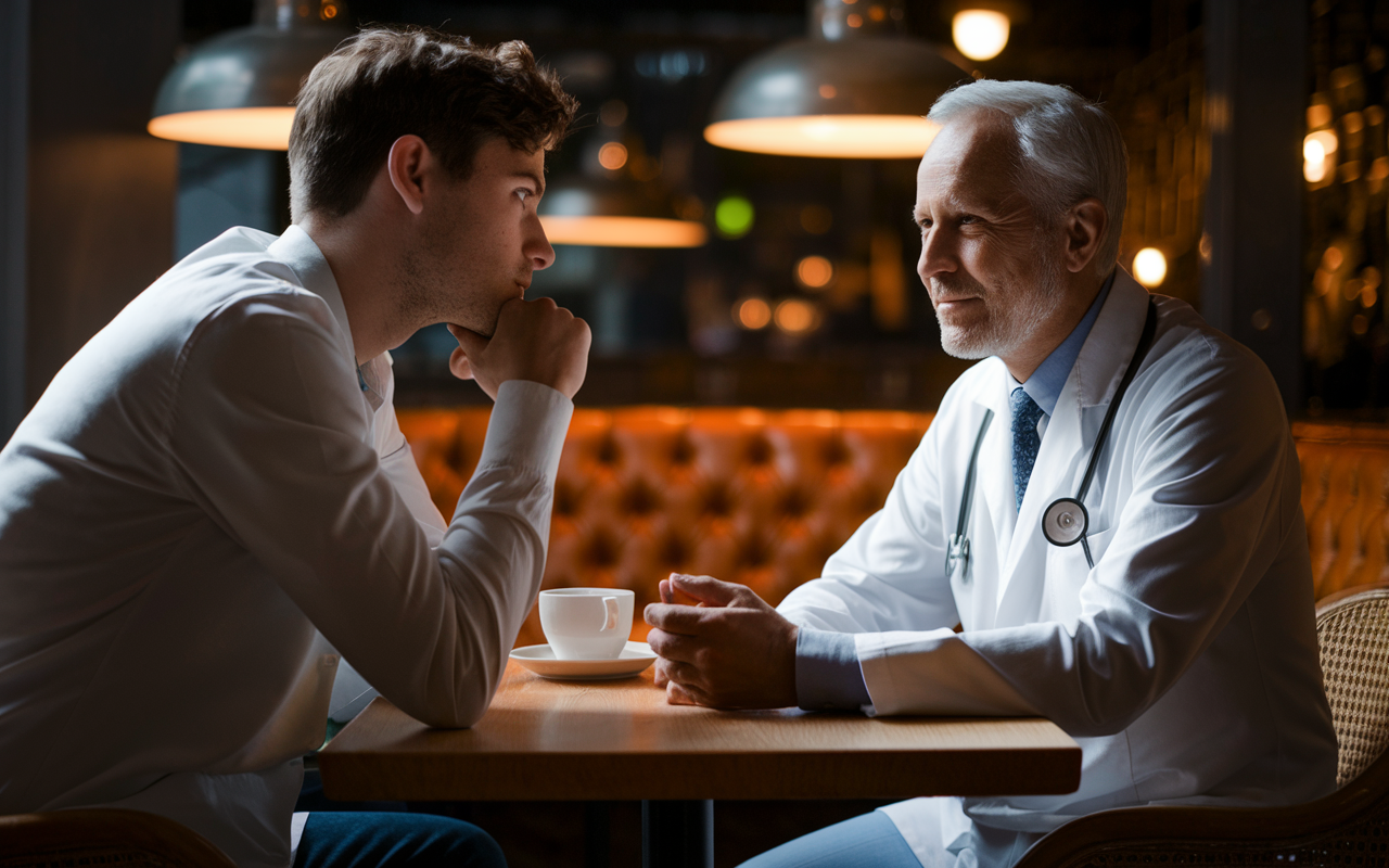 A quiet, intimate conversation shared between Dr. Tom and his mentor in a cozy cafe. Dr. Tom, looking contemplative, is sharing his job-hunting struggles, while his mentor, a wise older physician, listens attentively, with a reassuring expression. The warm lighting creates a comforting atmosphere, highlighting the bond of trust and support as they share experiences and strategies.