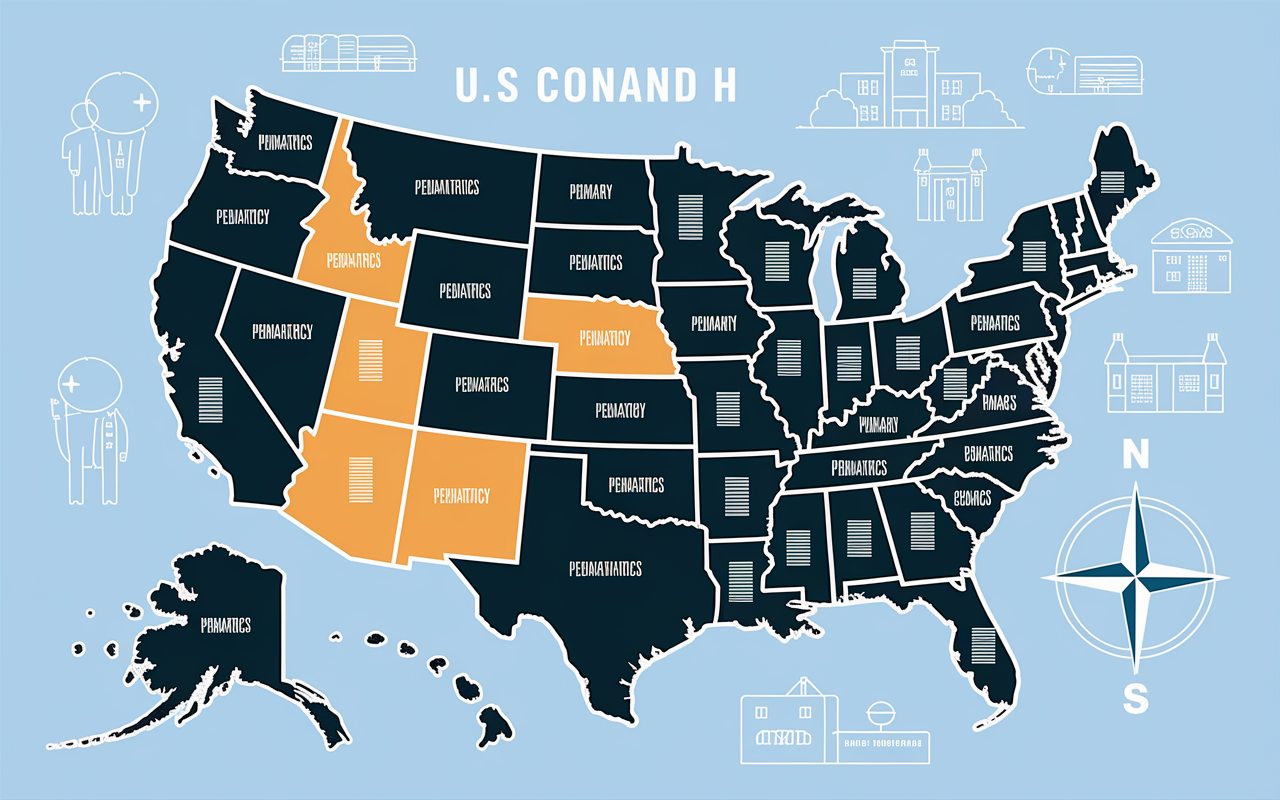 An illustrated map of the U.S. highlighting regions with varying demand for physicians. Use color-coded shading to denote high demand in Southern and rural areas, contrasted with lower demand in urban centers. Each state represented with pie charts showing specialties in demand: cardiology, primary care, pediatrics, etc. Include icons for hospitals and clinics to enhance visual understanding of regions. A clear legend and compass for navigation.