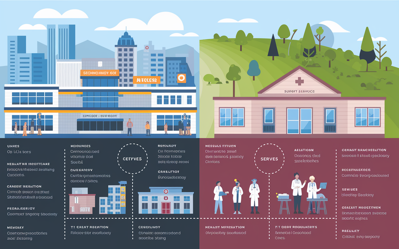 A detailed infographic displaying healthcare infrastructures across different regions of the U.S. On one side, modern hospitals with advanced technology in cities, featuring bustling ERs and specialty clinics. On the opposite, a small-town clinic with a general practitioner and a few support staff, emphasizing community healthcare. Use clear labels to indicate resources and specialties available in each setting, alongside a gradient representing population served.