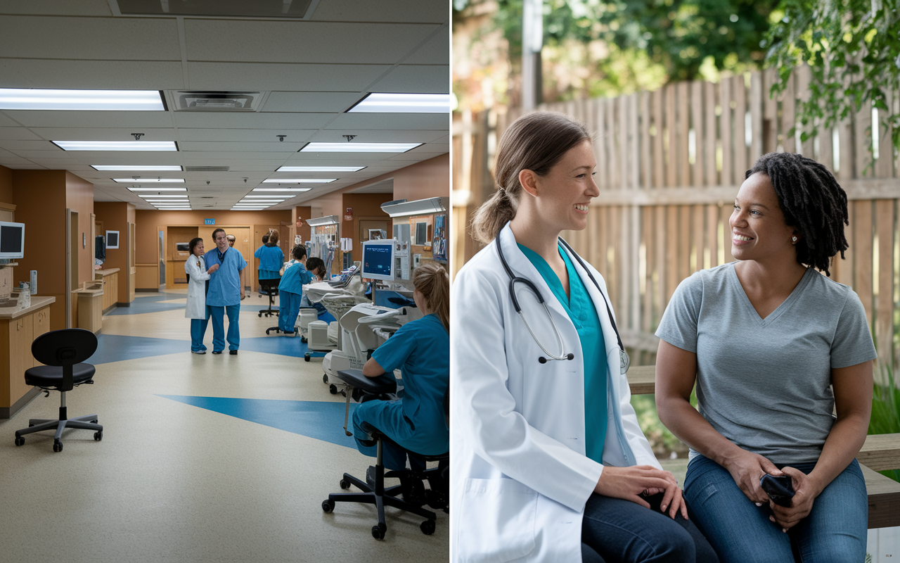 Split scene illustrating contrasting job environments in the Midwest. On the left, a busy urban hospital in Minnesota with a professional atmosphere, advanced medical equipment, and dynamic interactions. On the right, a rural clinic where a friendly physician engages with a patient in a warm setting. The rural side features earthy tones and greenery, demarcating the stark differences between urban and rural job roles in healthcare.