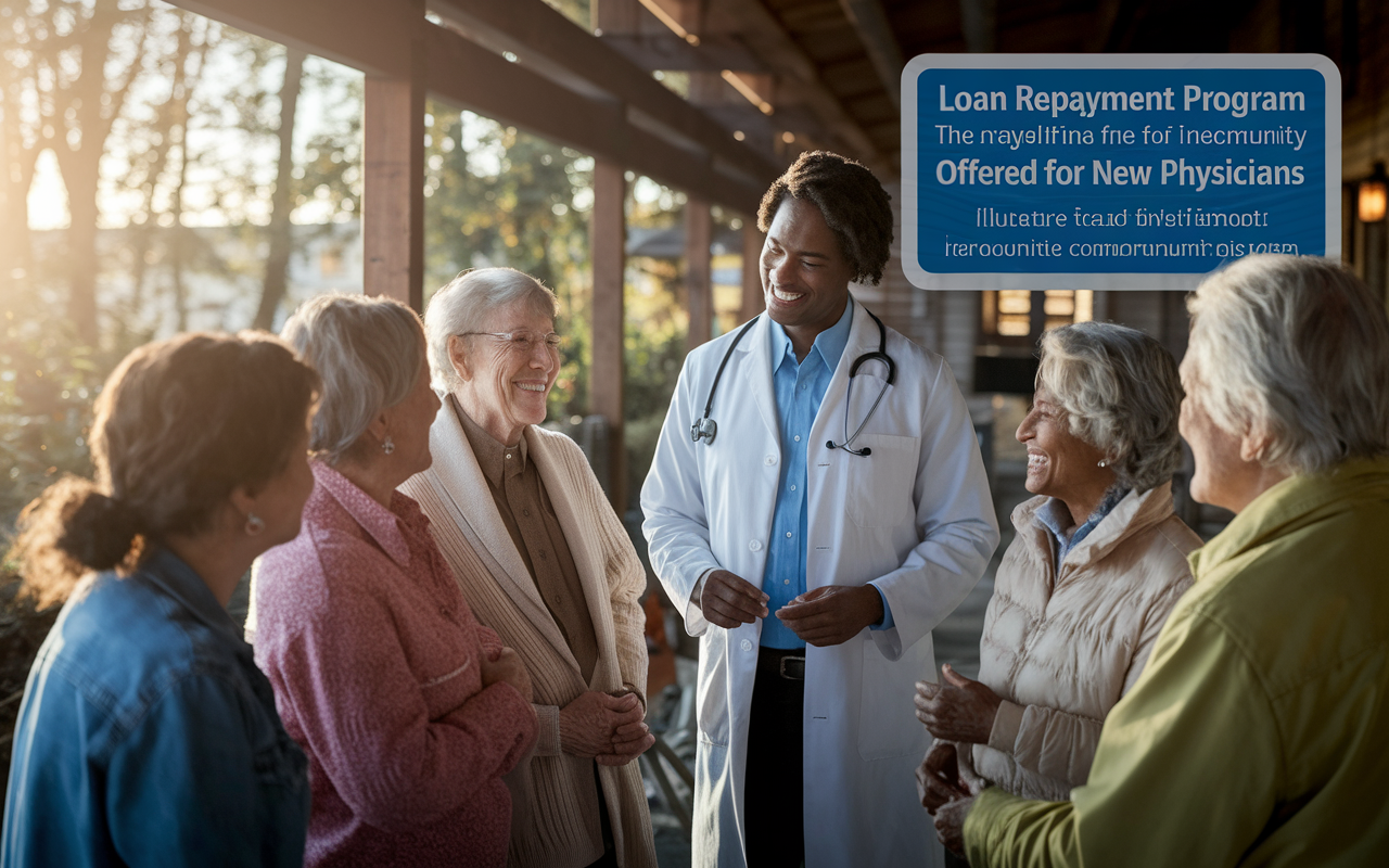 A heartwarming scene depicting a physician in a rural practice, interacting with a group of local residents. In the background, a sign showing a loan repayment program offered for new physicians. The setting showcases a cozy, welcoming clinic surrounded by nature, with warm sunlight streaming in, creating an atmosphere of community and care. Illustrate the physician's sense of fulfillment from serving a close-knit community.