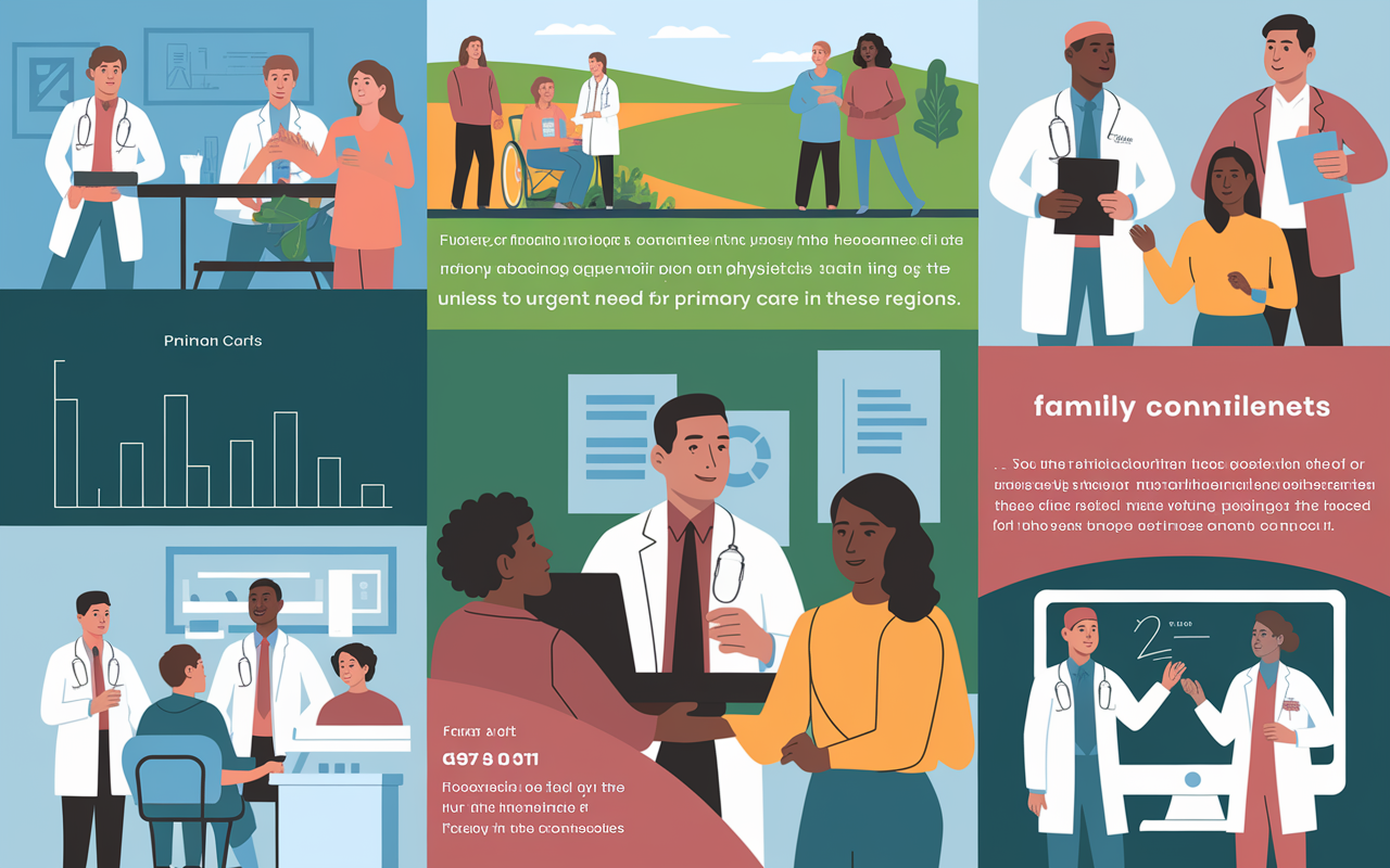 A compelling visual representation of the demand for primary care physicians across various communities. Show a diverse group of family physicians actively engaging with patients in different settings - an urban clinic, a rural farm, and a telehealth session. Incorporate graphs or numbers in the backdrop indicating patient-physician ratios, underlining the urgent need for primary care in these regions.