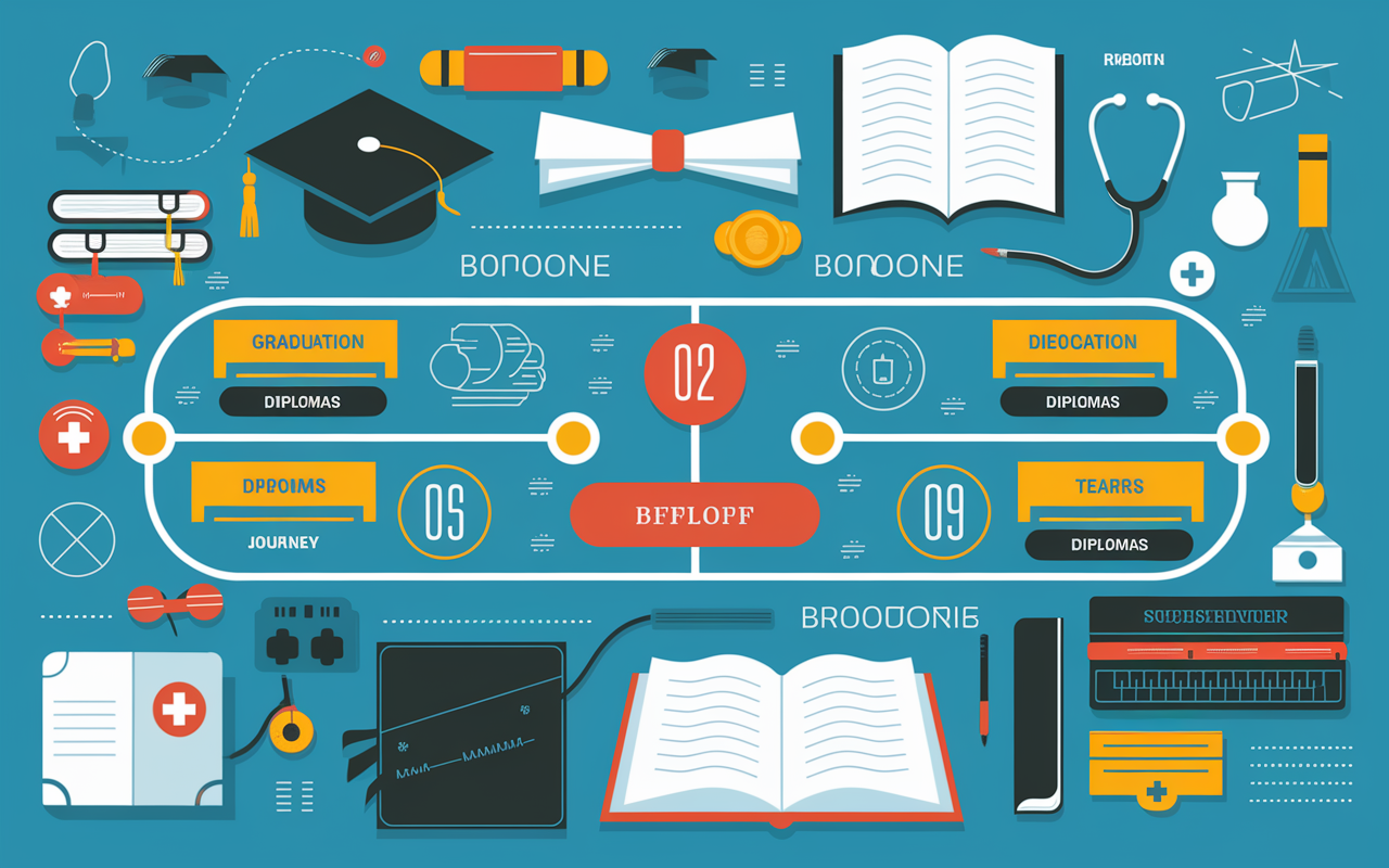 A detailed educational timeline for a new physician, showing a vibrant, infographic-style layout featuring milestones. Include icons of medical schools with graduation caps, diplomas, and the years of education journey. Background elements such as textbooks, a stethoscope, and medical symbols underline the scholarly atmosphere. Use bright colors and clean lines to create a visually appealing representation that highlights the academic achievements of the prospective physician.