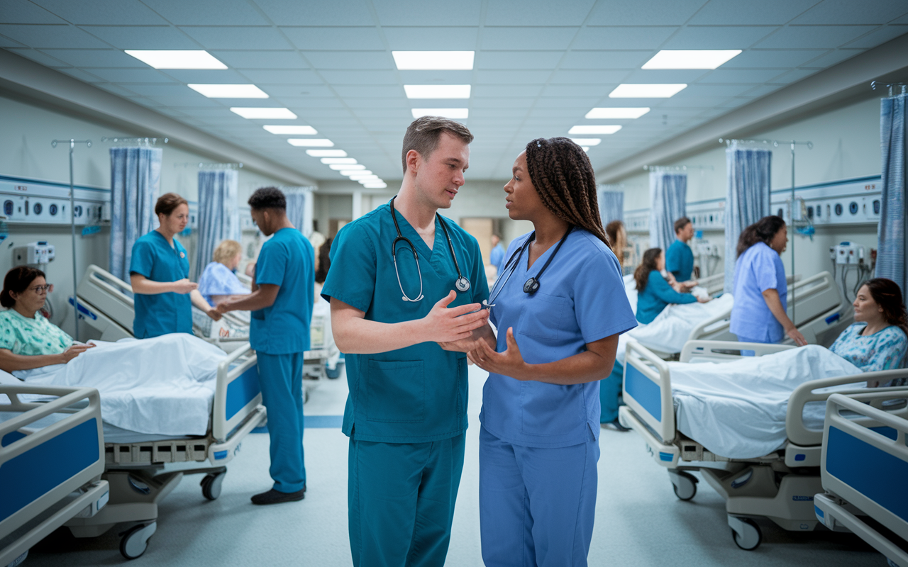 A dynamic hospital scene showing an intern medical doctor, dressed in scrubs, engaging with patients and healthcare team in a bustling ward. The intern is passionately discussing a treatment plan with a colleague, while patients in hospital beds are visible in the background, portraying a real-world healthcare setting. The atmosphere is filled with urgency and collaboration, represented through bright fluorescent lighting and diverse medical staff working together.