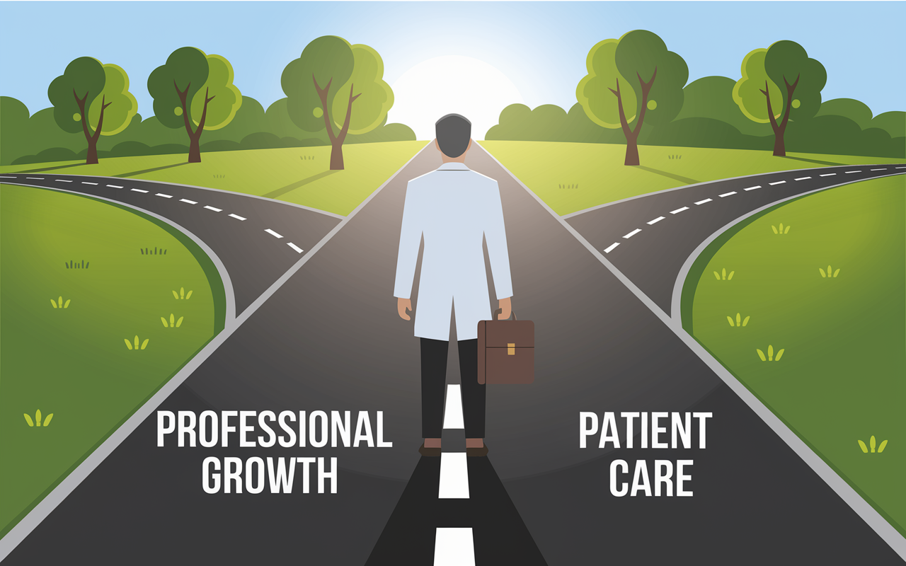 A symbolic image of a new physician standing at a crossroads, with a briefcase in one hand and their polished CV in the other. The road ahead branches into two paths—one labeled 'Professional Growth', the other 'Patient Care'. Lush green trees and clear skies create an inviting, hopeful scene with soft sunlight illuminating the path, representing the new journey they are about to embark on.