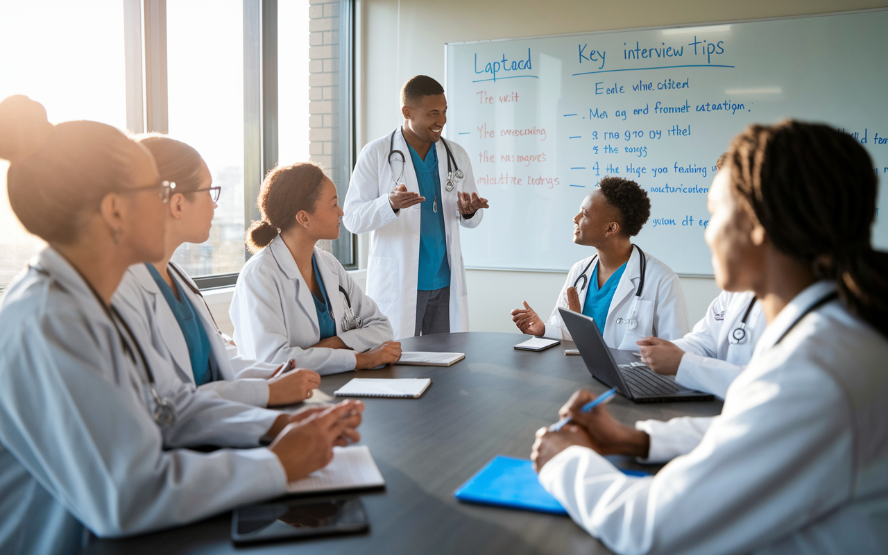 A diverse group of new doctors participating in a mock interview session in a well-lit conference room, with one doctor confidently answering questions while others listen attentively. The atmosphere is supportive and interactive, with a mentor giving feedback in the background. The room is equipped with a whiteboard displaying key interview tips, and a laptop and notepad are present, emphasizing preparation and teamwork. Natural light streaming through large windows creates an inviting and hopeful ambiance.