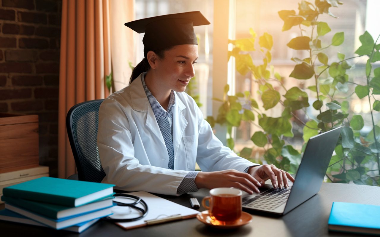 A newly graduated doctor sitting at a desk in a cozy home office, crafting a heartfelt thank-you email on a laptop after a job interview. The desk is adorned with medical textbooks, a stethoscope, and a cup of warm tea, radiating a sense of accomplishment and reflection. The warm lighting creates a serene atmosphere, with a view of leafy greenery through the window, symbolizing growth and opportunity.