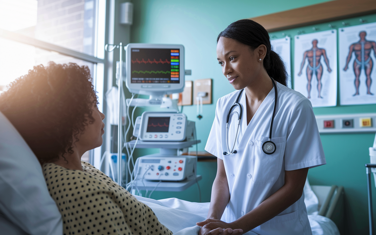 An intimate scene at a bustling hospital ward where a female internal medicine fellow is caring for a patient with a heart monitor in the background. The fellow is attentively listening to the patient's concerns, exuding empathy and professionalism. The room is well-lit with natural light filtering through the window, creating an inviting atmosphere. Medical diagrams and hanging charts provide context to the situation, highlighting the importance of clinical education in practical scenarios.