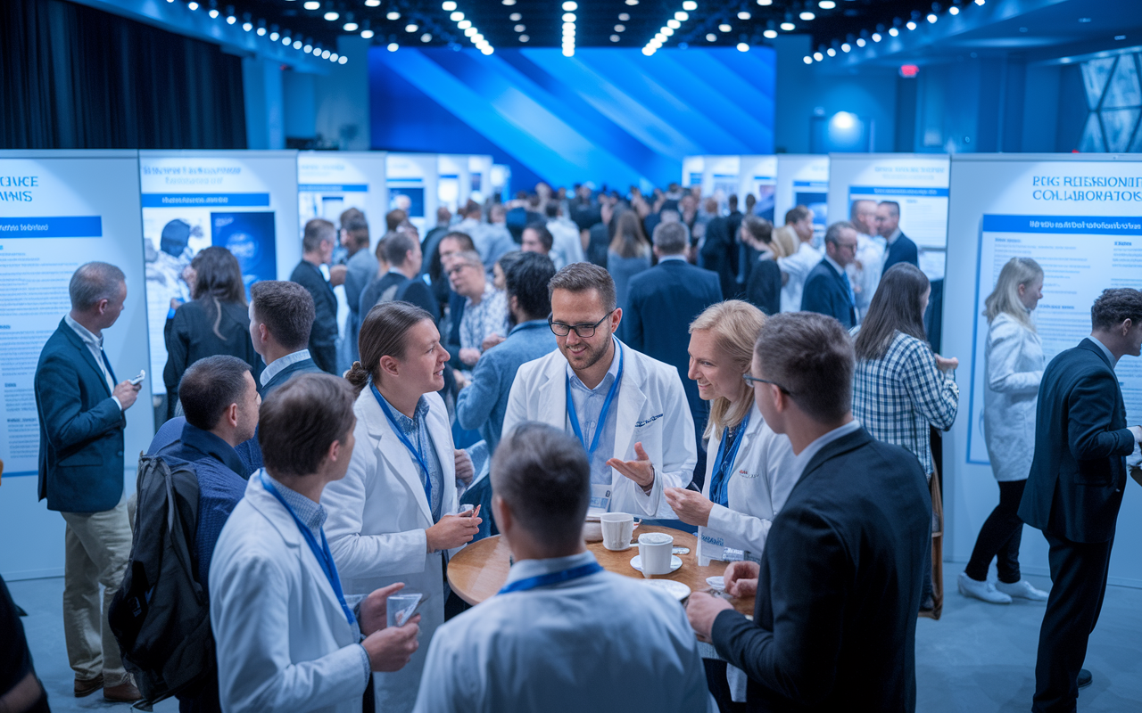 A vibrant medical conference scene where a diverse group of physicians are engaged in networking. The atmosphere is filled with energy as attendees exchange ideas, review posters, and attend presentations. In the center, a group of young physicians are animatedly discussing research findings over coffee, surrounded by banners showcasing medical innovations. Bright, professional lighting accentuates the excitement of collaboration and learning.