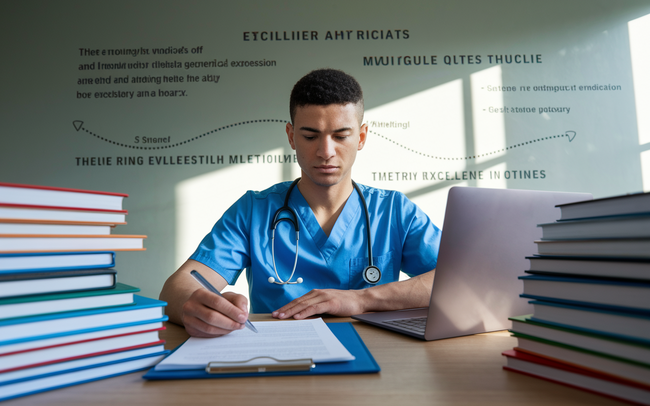 A focused atmosphere in a study room where a young male resident is preparing his fellowship application. He is surrounded by stacks of medical textbooks and his laptop, displaying his CV and personal statement. Sunlight gently illuminates his determined expression, indicating his commitment to bettering his future. The walls are adorned with inspiring medical quotes and timelines of medical milestones, symbolizing the journey towards excellence in medicine.