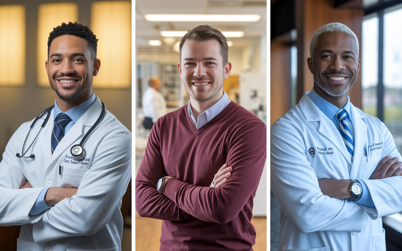 A series of portraits showcasing successful physicians who have completed their fellowships in various specialties. Each portrait reflects a different stage in their careers, with a background that complements their specialty - a cardiologist in a clinic, a researcher in a laboratory, and an academic in a lecture hall. The lighting is warm and uplifting, conveying success, achievement, and inspiration, with subtle highlights showcasing their professional attire and confident stances.