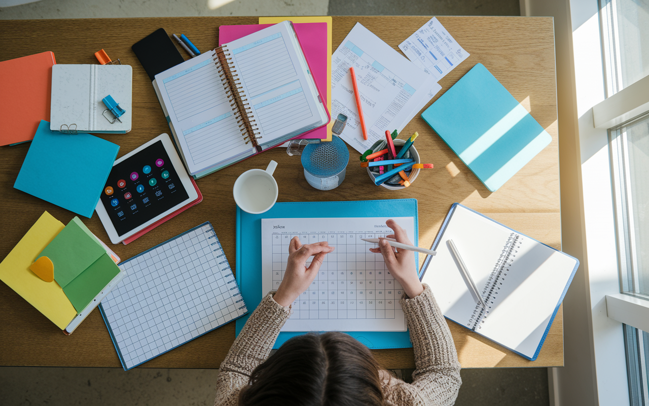 An overhead view of a study desk filled with colorful planners, digital devices like tablets showing organizational apps, and a calendar filled with scheduled tasks. A person is seen efficiently using the Pomodoro technique, with a timer set, a focused expression, and study materials scattered artfully around. Sunlight filters through a window, highlighting a moment of productivity and clarity.