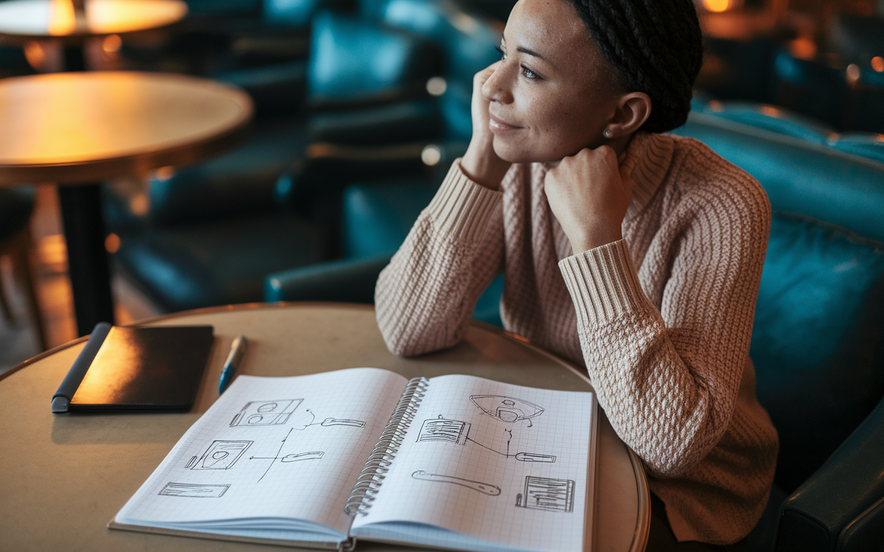 A thoughtful non-traditional student sitting in a cozy café, reflecting on their previous career. On the table is an open notebook with sketches of patient-care scenarios intertwined with business diagrams, illustrating their ability to merge past knowledge with medical contexts. Warm, ambient lighting creates an inviting environment, emphasizing the comfort of drawing from one's personal background.