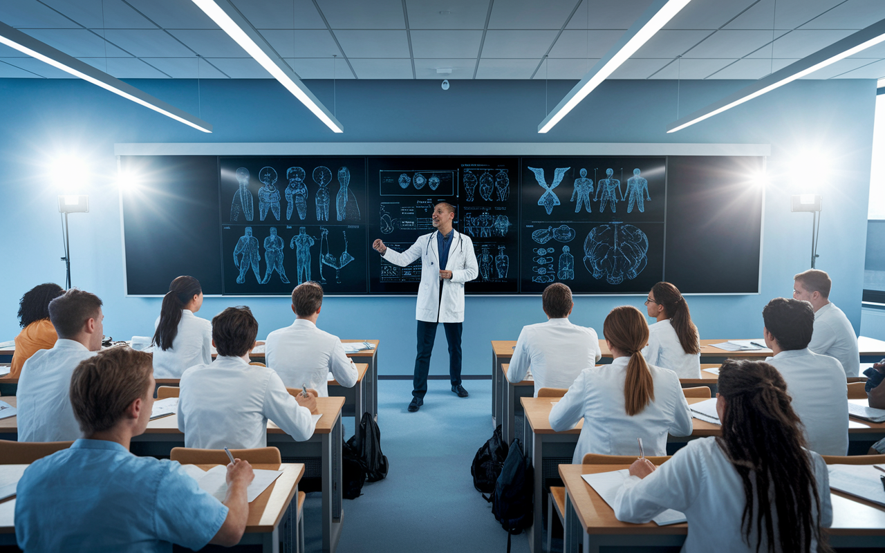 A dynamic classroom scene with a diverse group of medical students engaged in a fast-paced lecture. The instructor is energetically presenting on a large screen filled with complex medical diagrams. Students are taking notes vigorously. Bright overhead lights and modern classroom design emphasize the intensity and excitement of learning, capturing the palpable energy in the room.