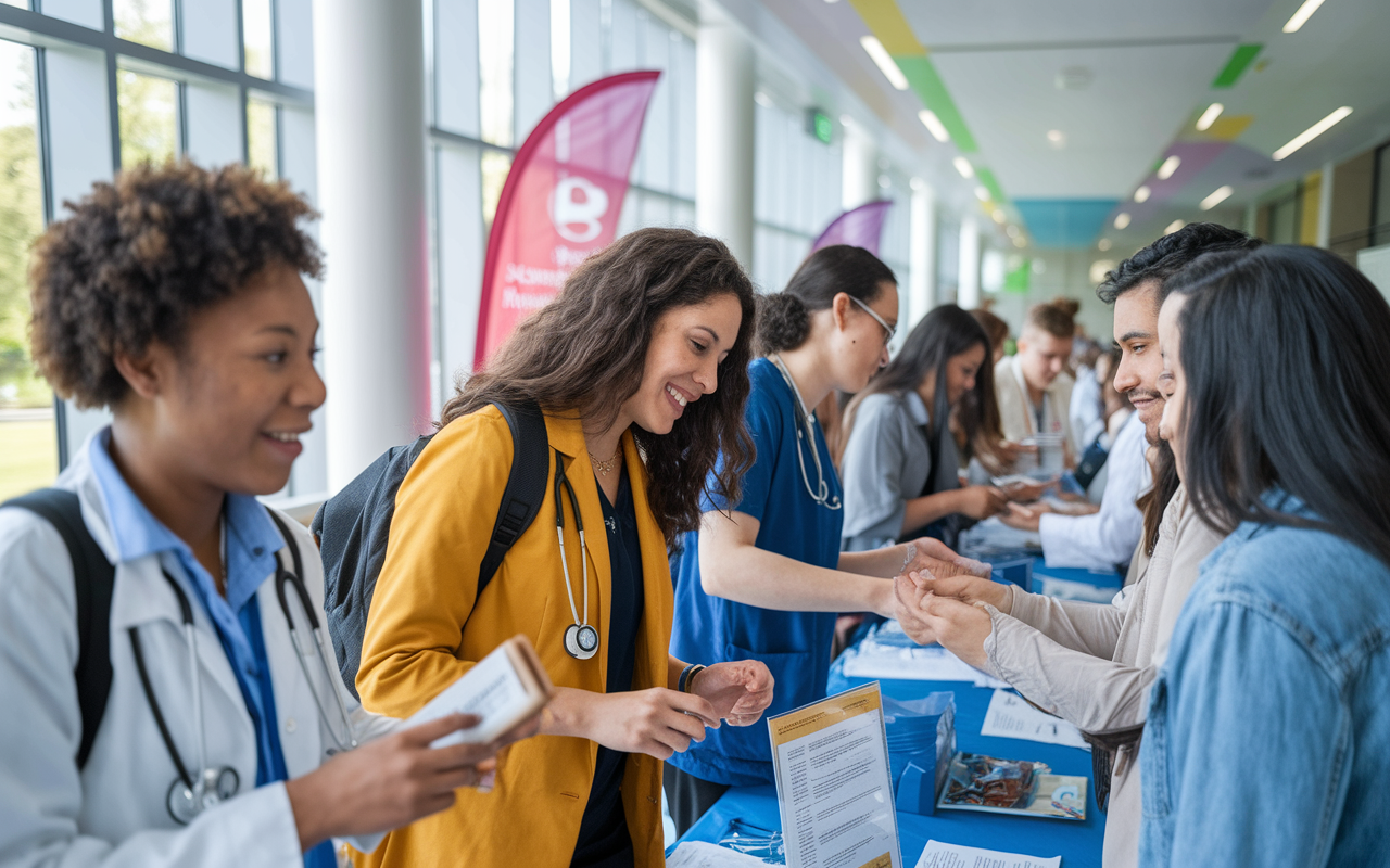 A vibrant scene of students participating in an extracurricular event within a medical school setting. Non-traditional students are actively engaging in a community health fair, offering free health checks to diverse local residents. The atmosphere is filled with camaraderie and community spirit, accented by colorful banners and healthcare promotional materials under natural lighting.